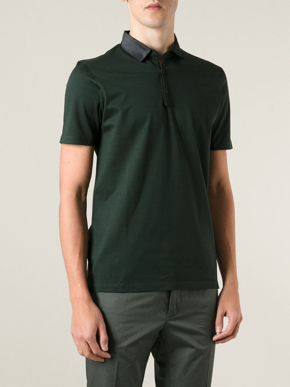 Lanvin Contrasting Satin Collar Polo Shirt in Green for Men - Lyst