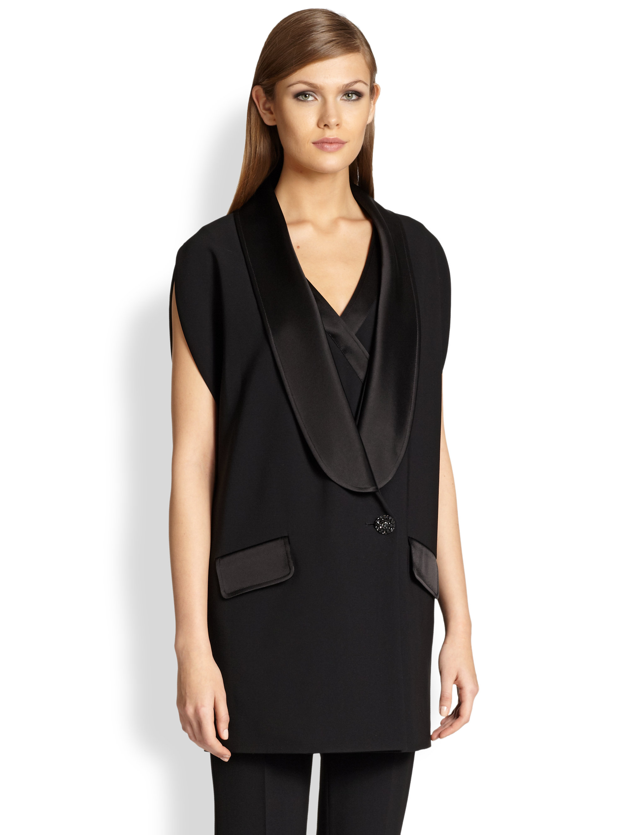 St. john Sleeveless Tuxedo Jacket in Black Lyst