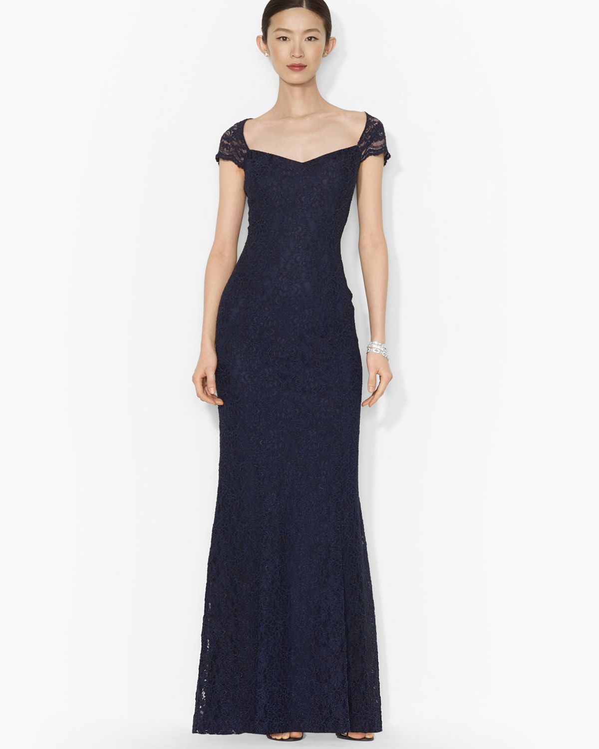 Ralph Lauren Lauren Gown Cap Sleeve Lace in Blue - Lyst