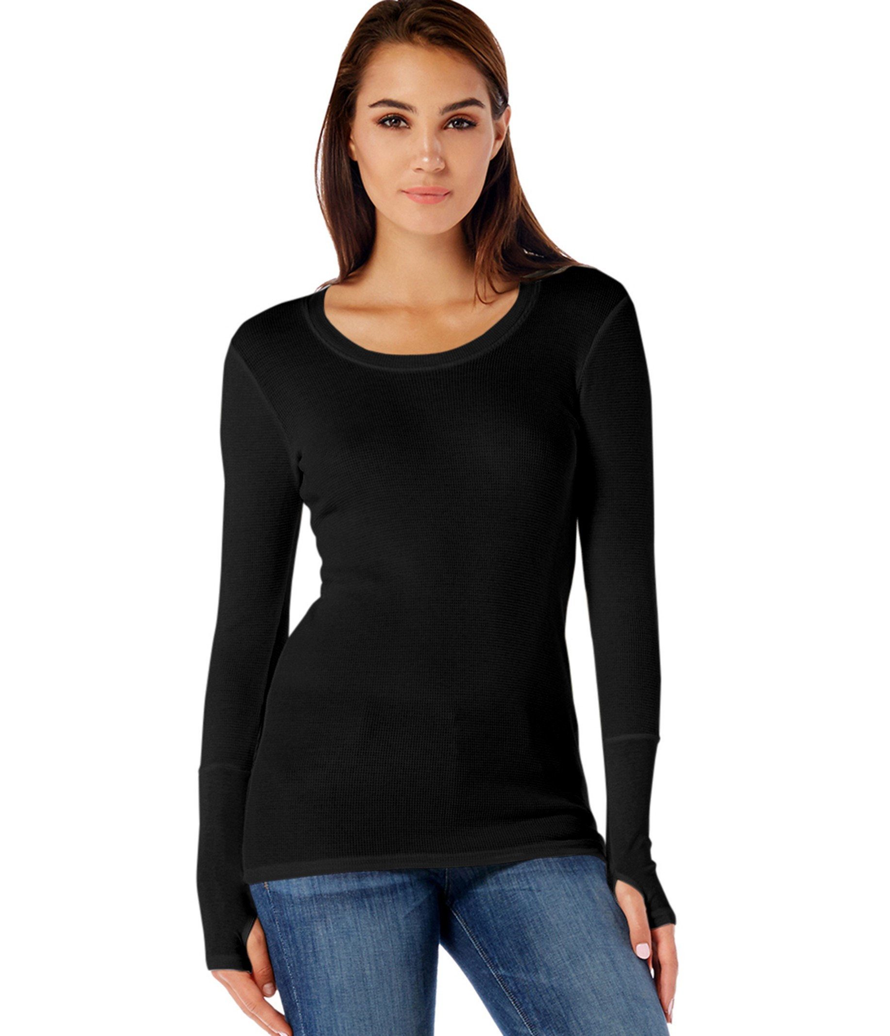 Michael Stars Long Sleeve Thermal Scoop Neck With Thumb Holes in Black ...