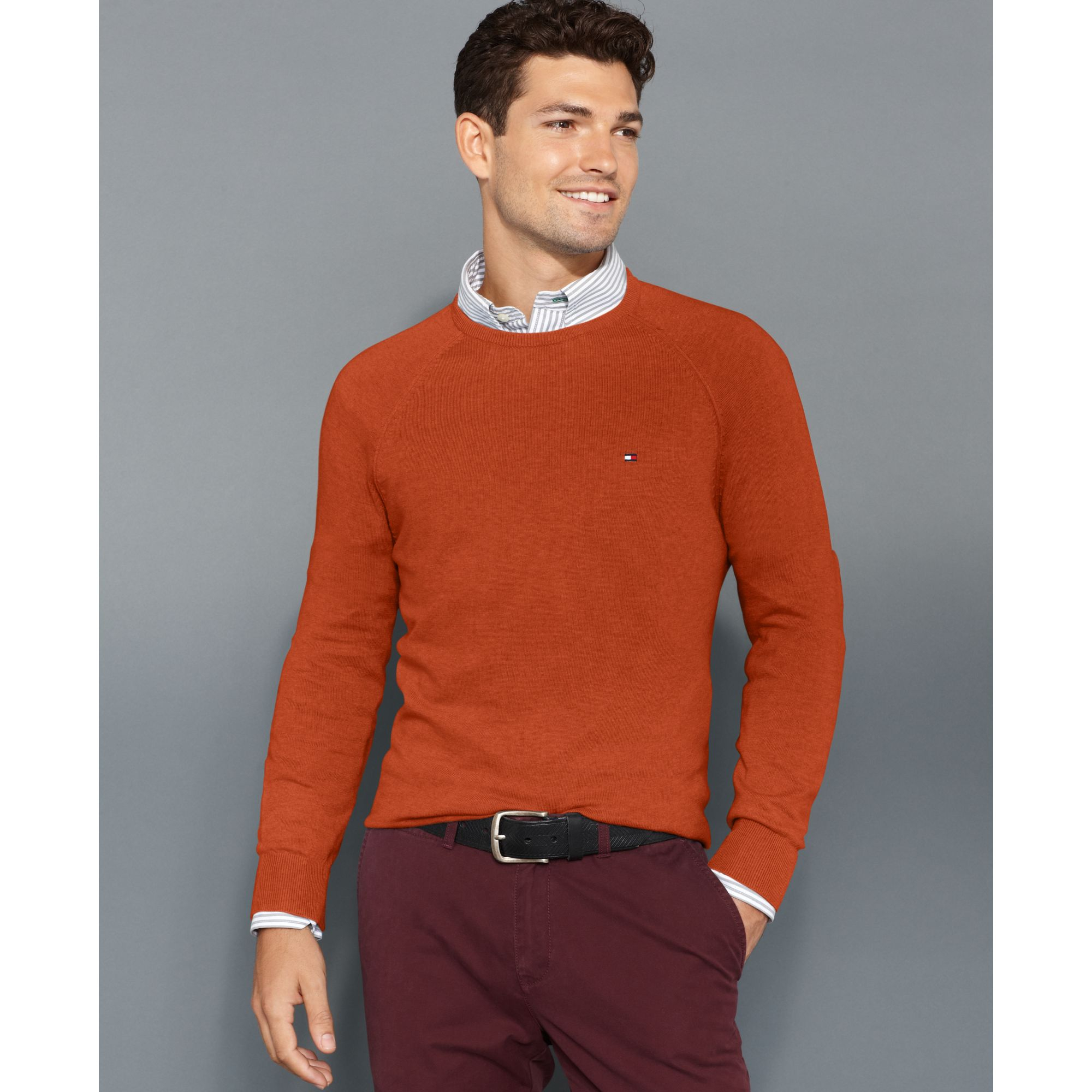 crew neck sweater and dress shirt