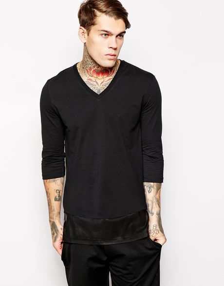 Asos Skater 3/4 Sleeve T-Shirt With Faux Leather Hem And V Neck in ...