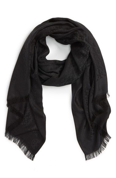 Tory burch 'all-over T' Silk & Cotton Jacquard Scarf in Black | Lyst