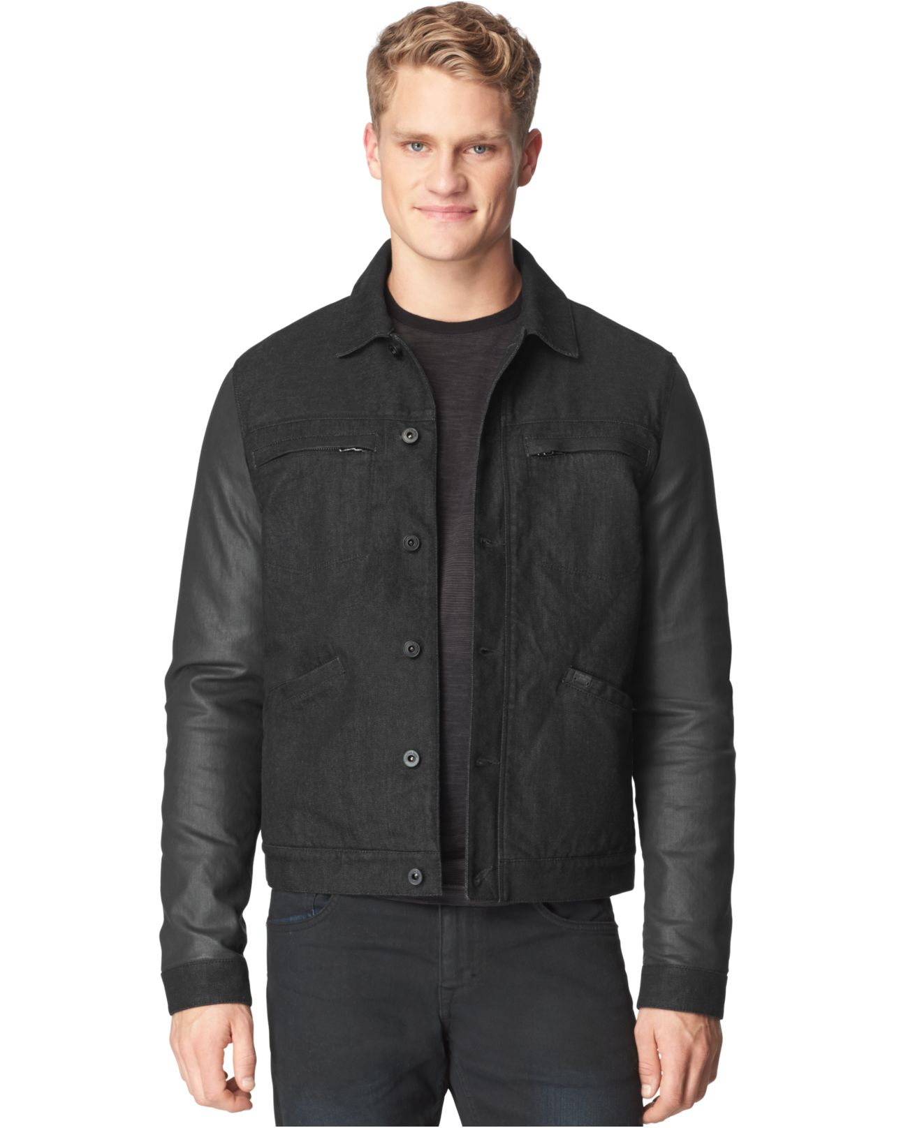 Calvin Klein Jeans Coated Sleeve Trucker Jacket In Black For Men Gallery Previously Sold At Macy S