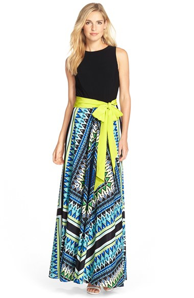 eliza j scarf print jersey & crêpe de chine maxi dress