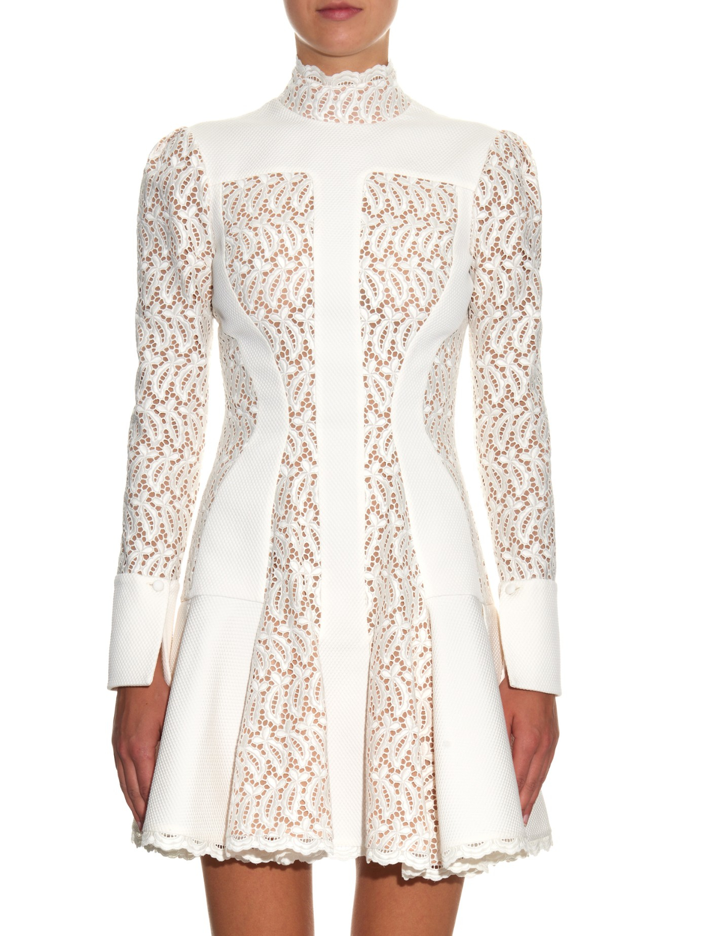 Lyst Alexander Mcqueen Droppedwaist Piqué And Lace Dress in White