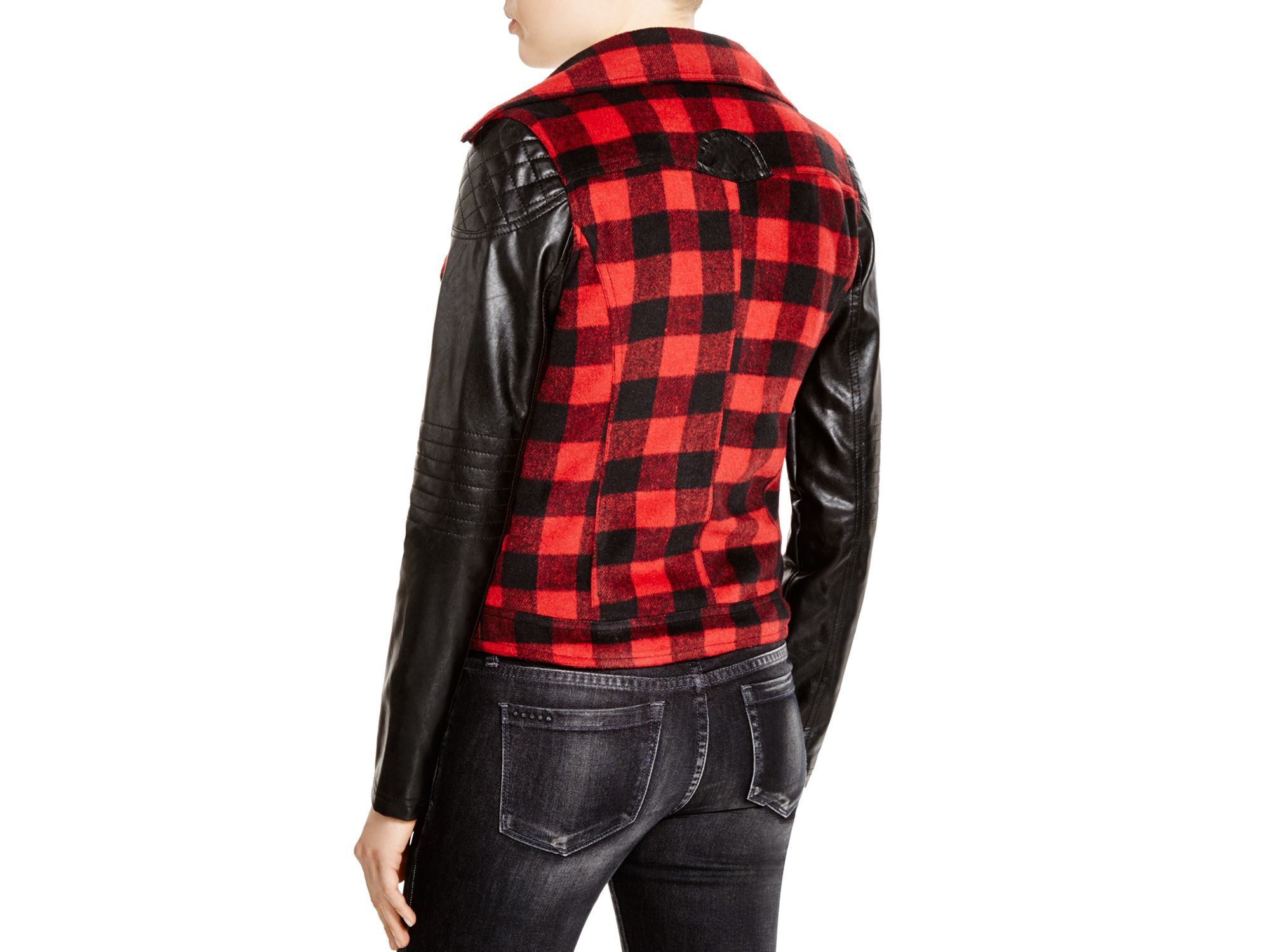 leather jacket with checkered sleeves