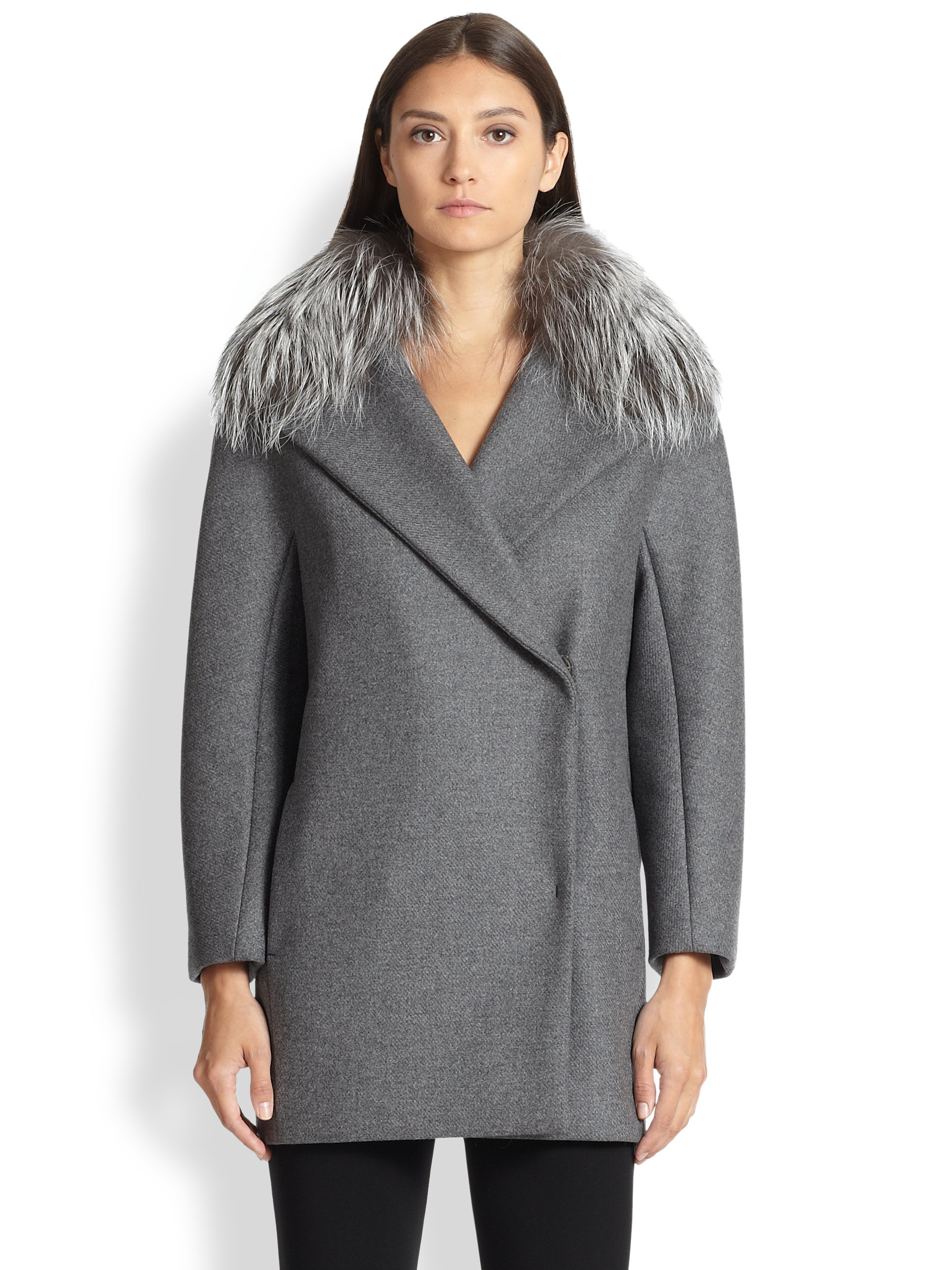 Lyst Max Mara FurCollar Wool & Cashmere Coat in Gray