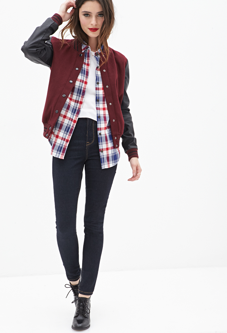 Forever 21 Faux Leather Varsity Jacket In Red Lyst Gallery