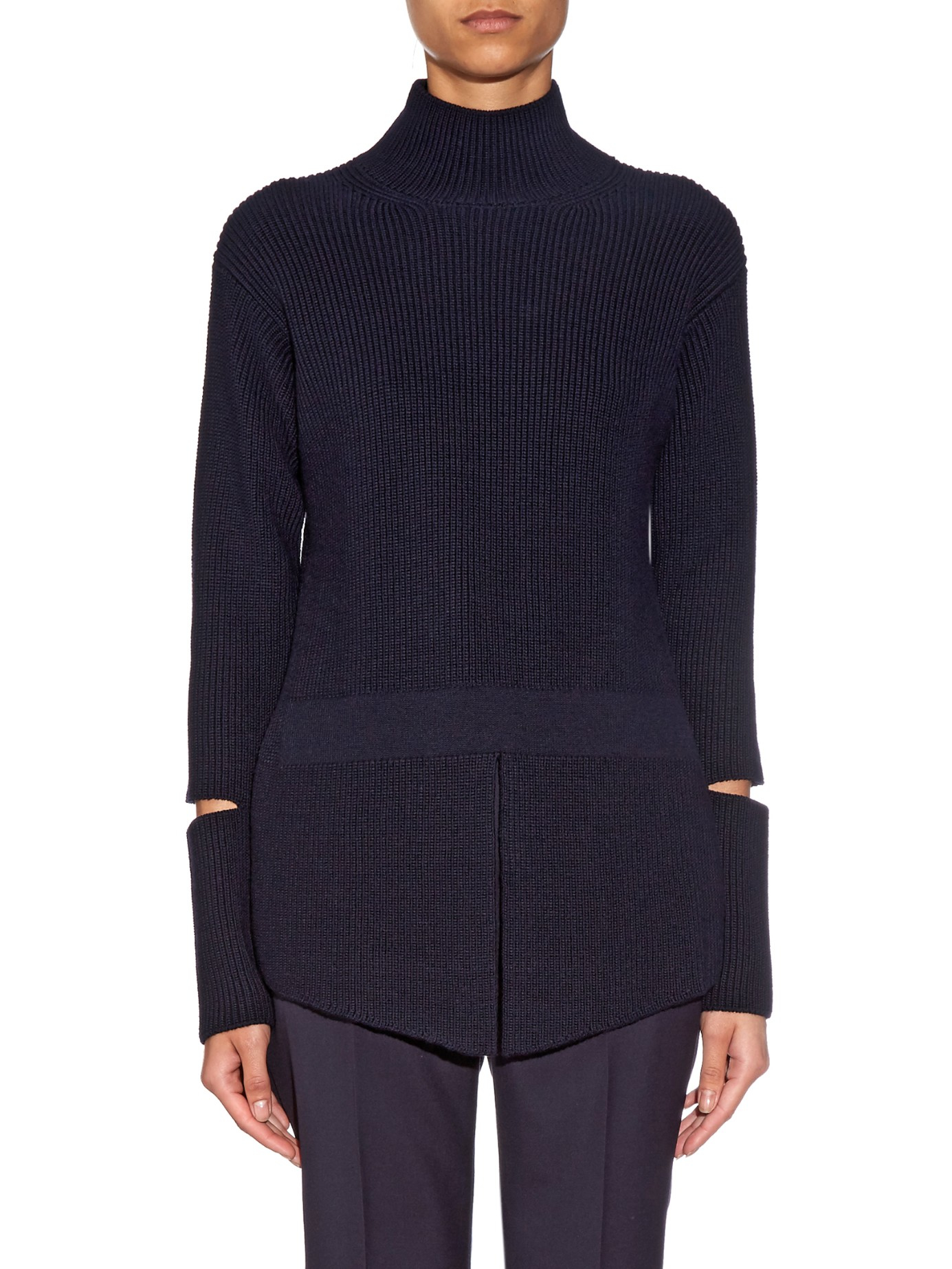 Stella McCartney Cut-out Sleeve Wool-knit Sweater in Navy (Blue) - Lyst