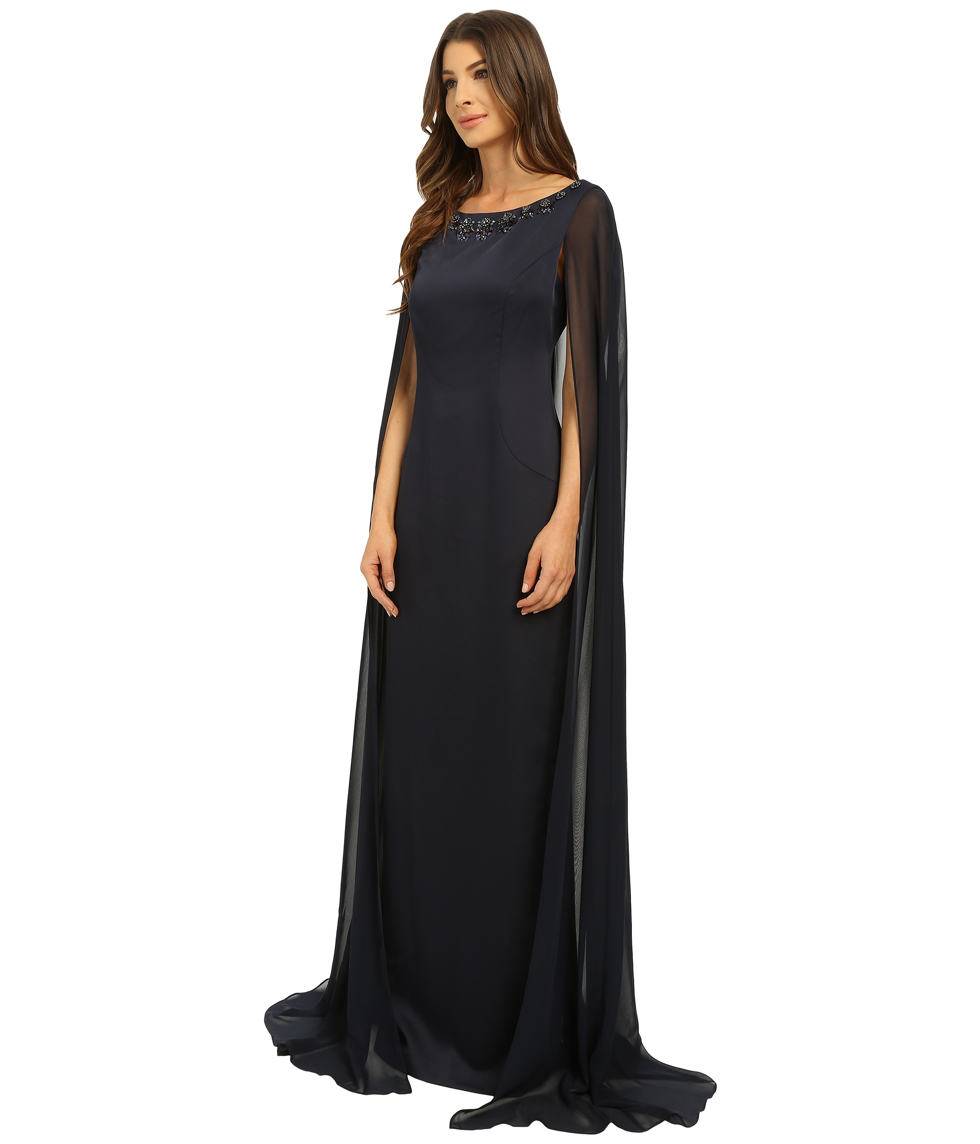 Adrianna Papell Satin Cape Dress With Neck Beading in Black - Lyst