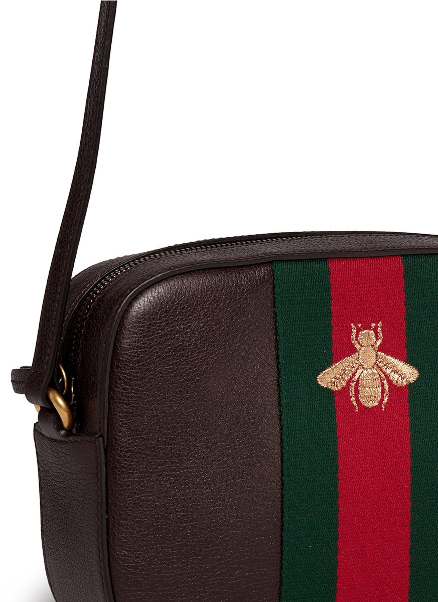 Gucci &#39;webby&#39; Bee Embroidery Web Leather Crossbody Bag in Brown - Lyst