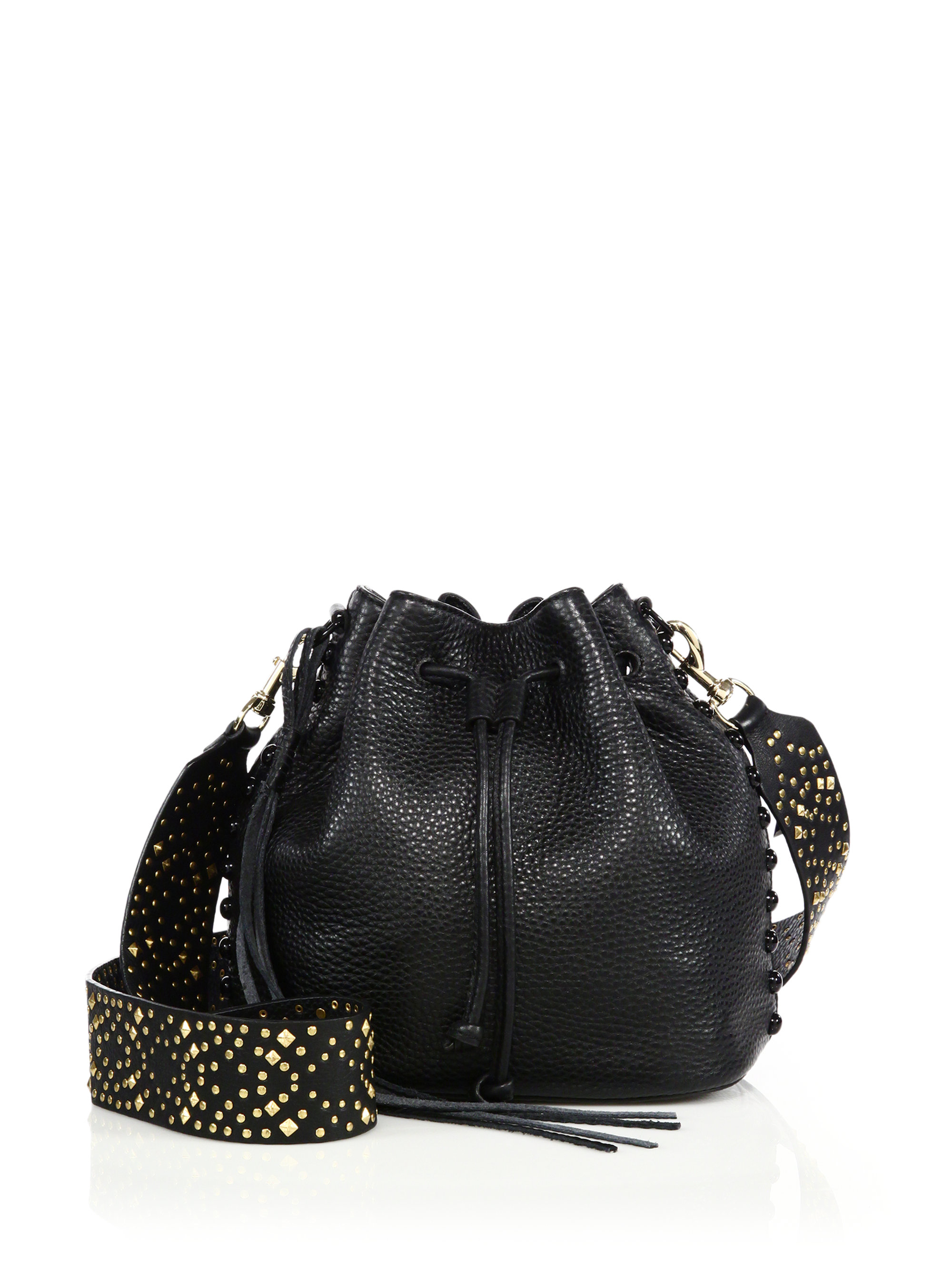 Lyst - Rebecca Minkoff Studded Guitar-strap Pebbled Leather Bucket Bag in Black
