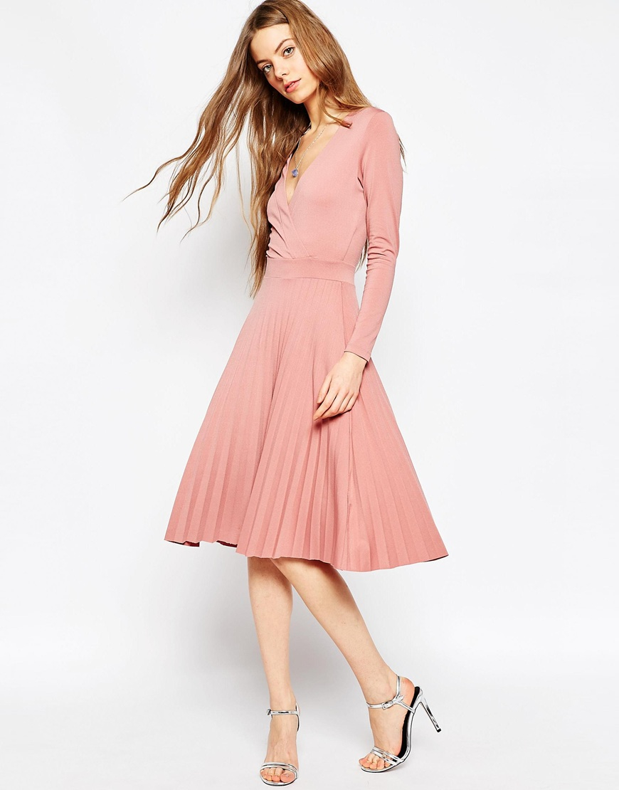 Lyst - Asos Wrap Midi Dress With Pleats in Pink