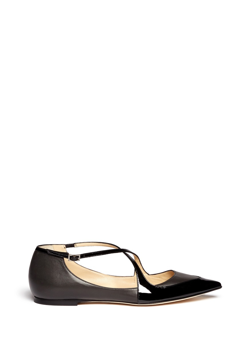 Jimmy choo 'gamble' Cross Strap Leather Flats in Black | Lyst