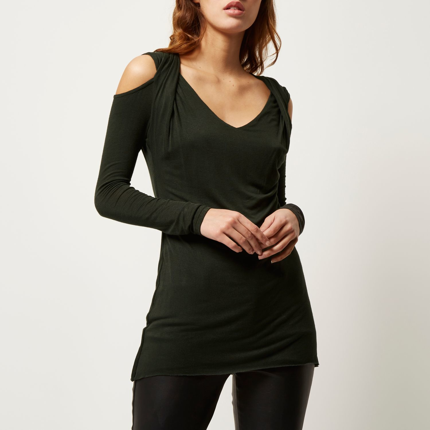 River Island Khaki Twist Cold Shoulder Top in Green Lyst