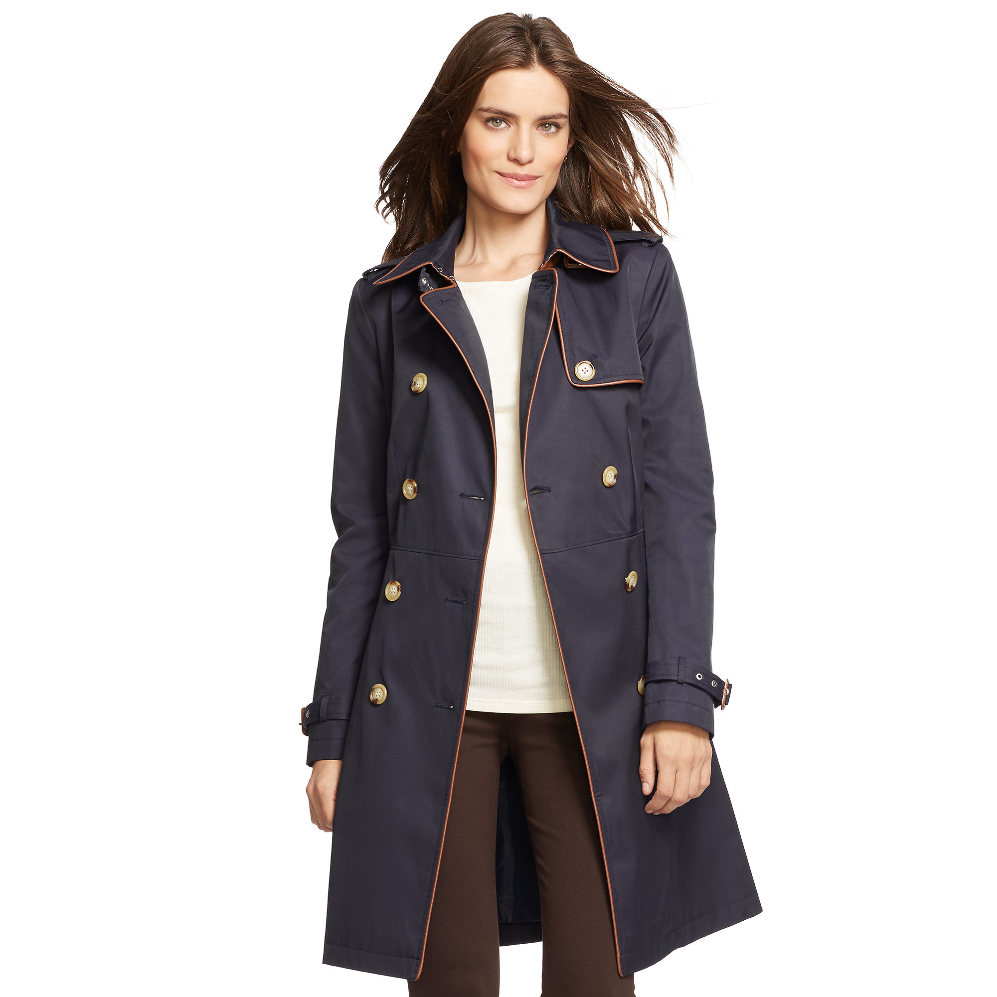 Pink Pony Faux Leather Trim Trench Coat In Blue Lyst Gallery