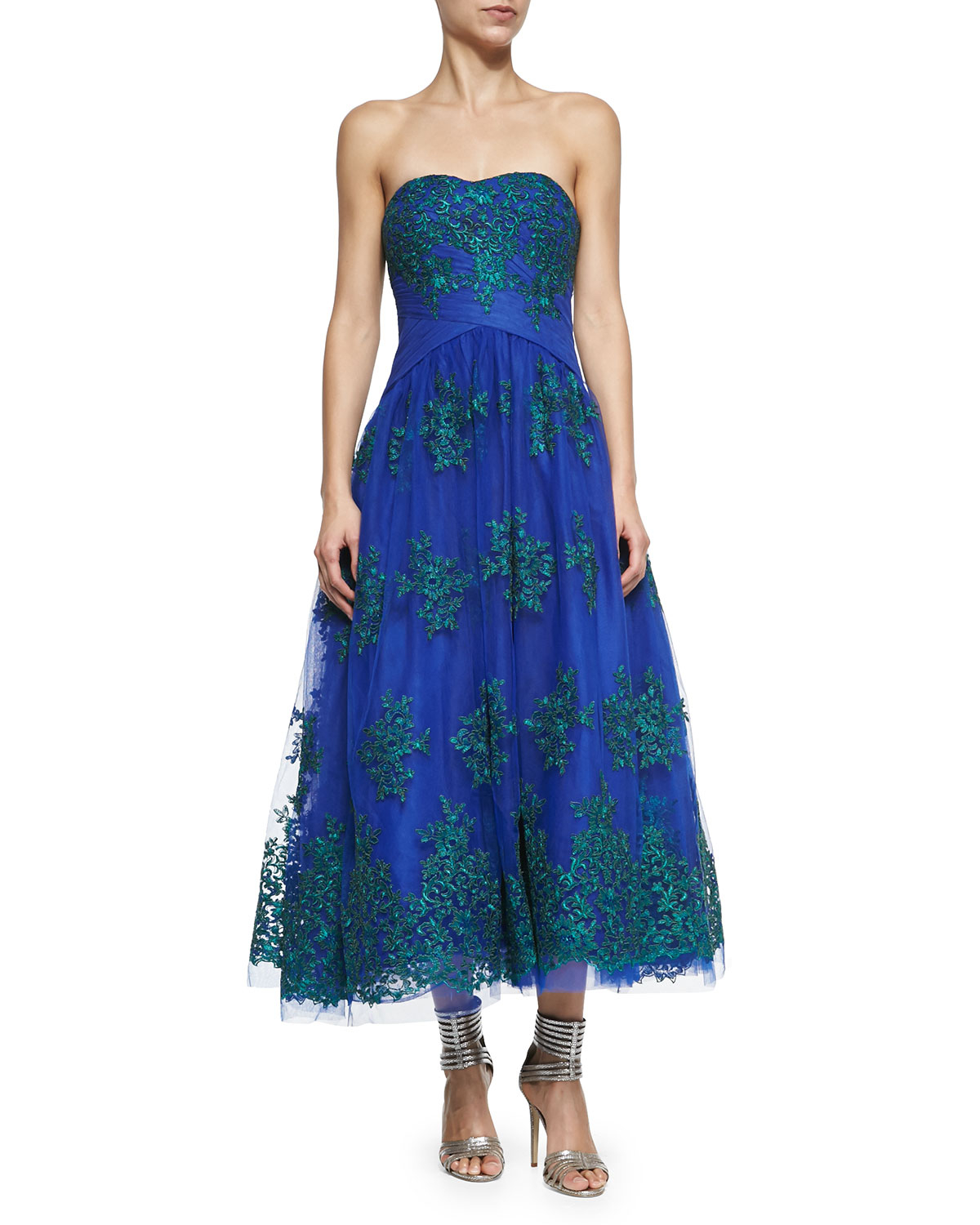 Lyst - Ml Monique Lhuillier Strapless Embroidered Tea-length Cocktail ...