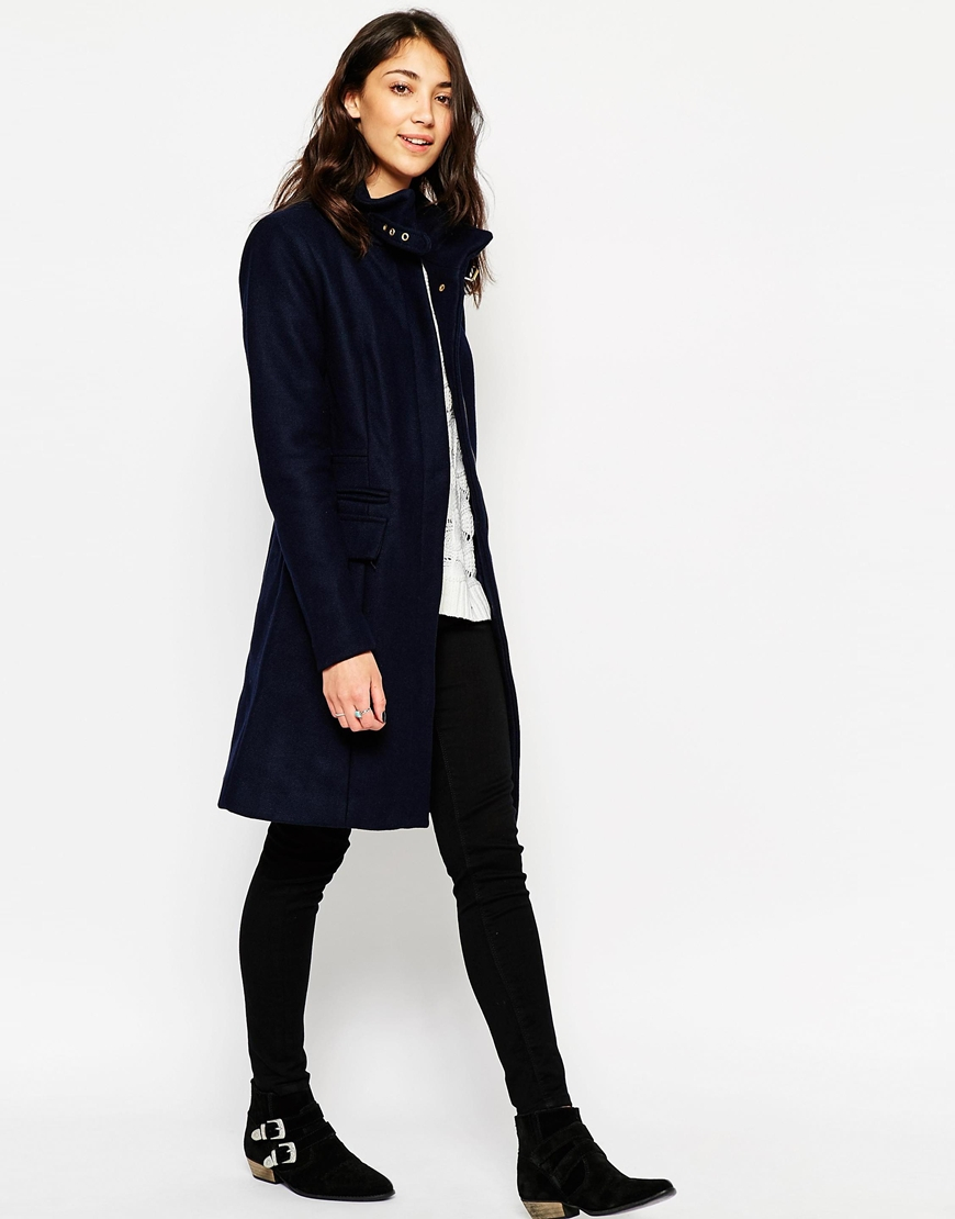 Lyst - Vero Moda Long Lined High Neck Coat With Buckle Detail in Blue