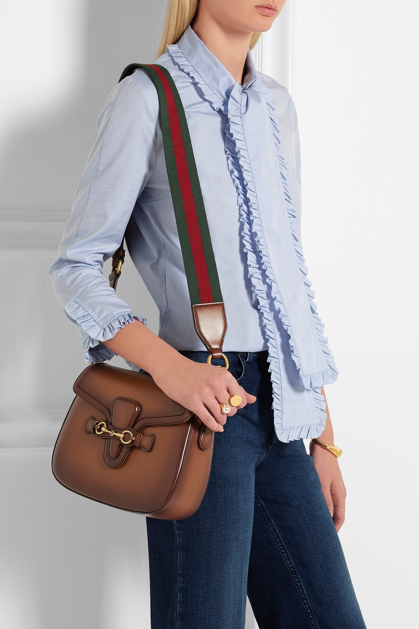 Gucci Lady Web Small Leather Shoulder Bag in Brown - Lyst