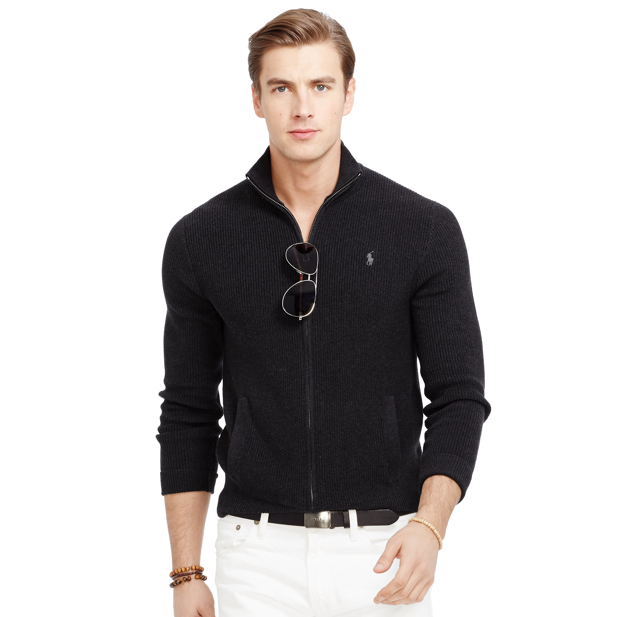 Polo Ralph Lauren Cotton Full-zip Sweater in Black for Men - Lyst