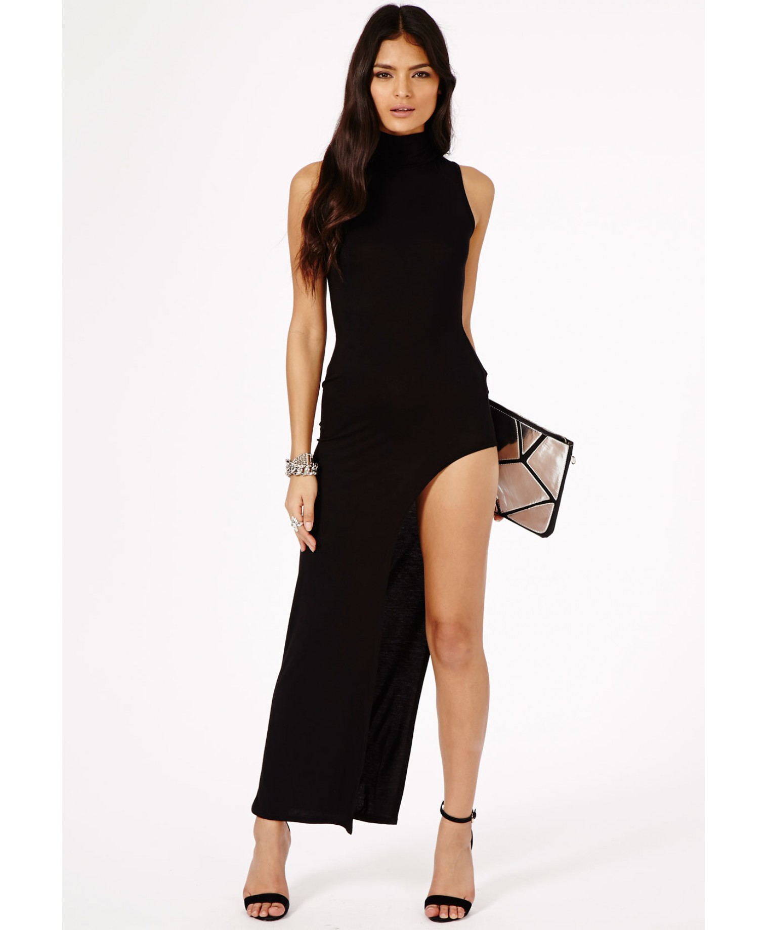 high neck side split dress