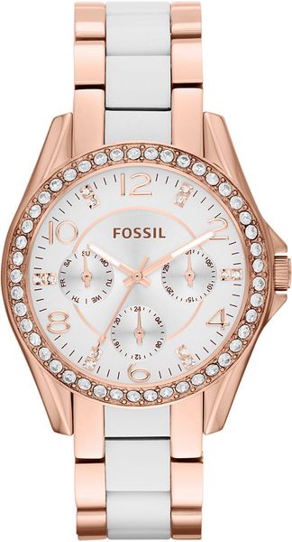 Fossil Ladies Riley Rose Goldtone White Crystallized Watch in Pink ...