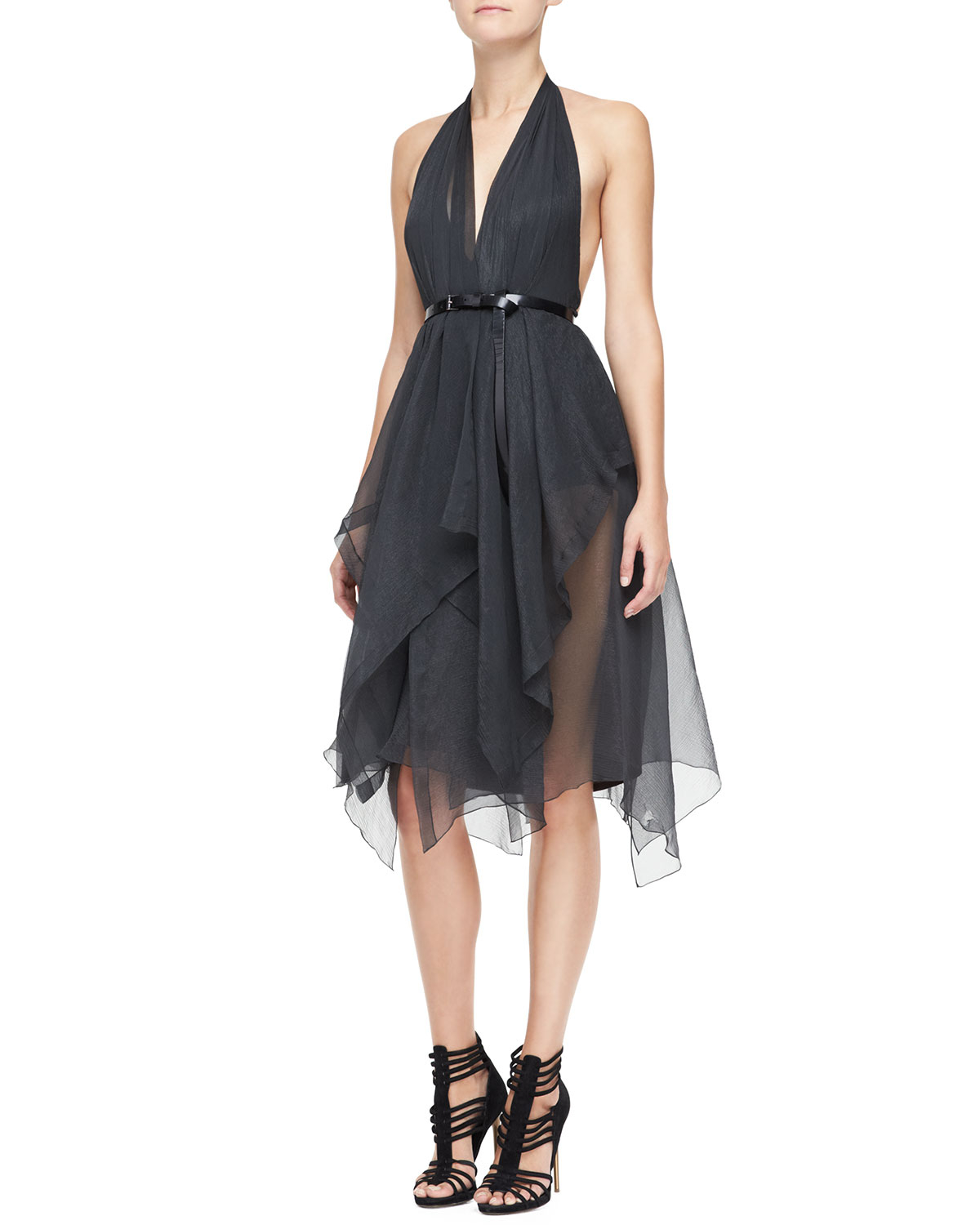 Lyst Donna Karan Belted Halter Cocktail Dress in Gray
