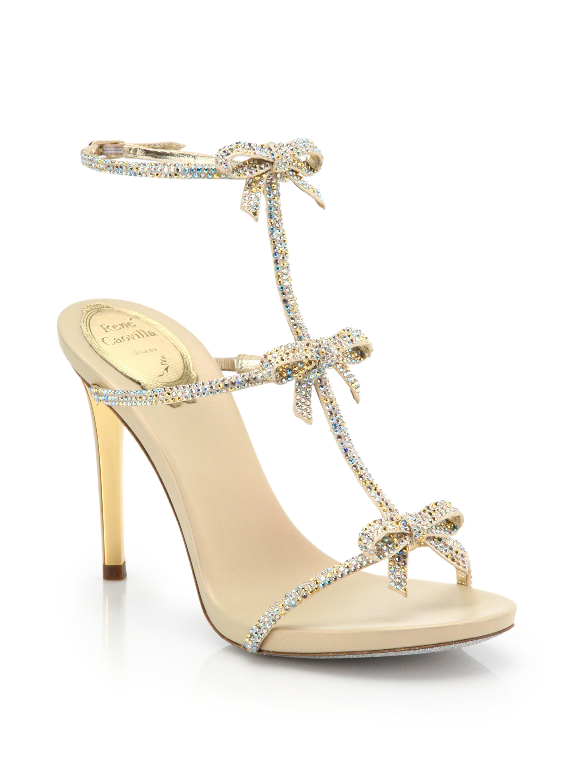 Rene Caovilla Strass Swarovski Crystal Bow Sandals in Gold (Metallic) | Lyst