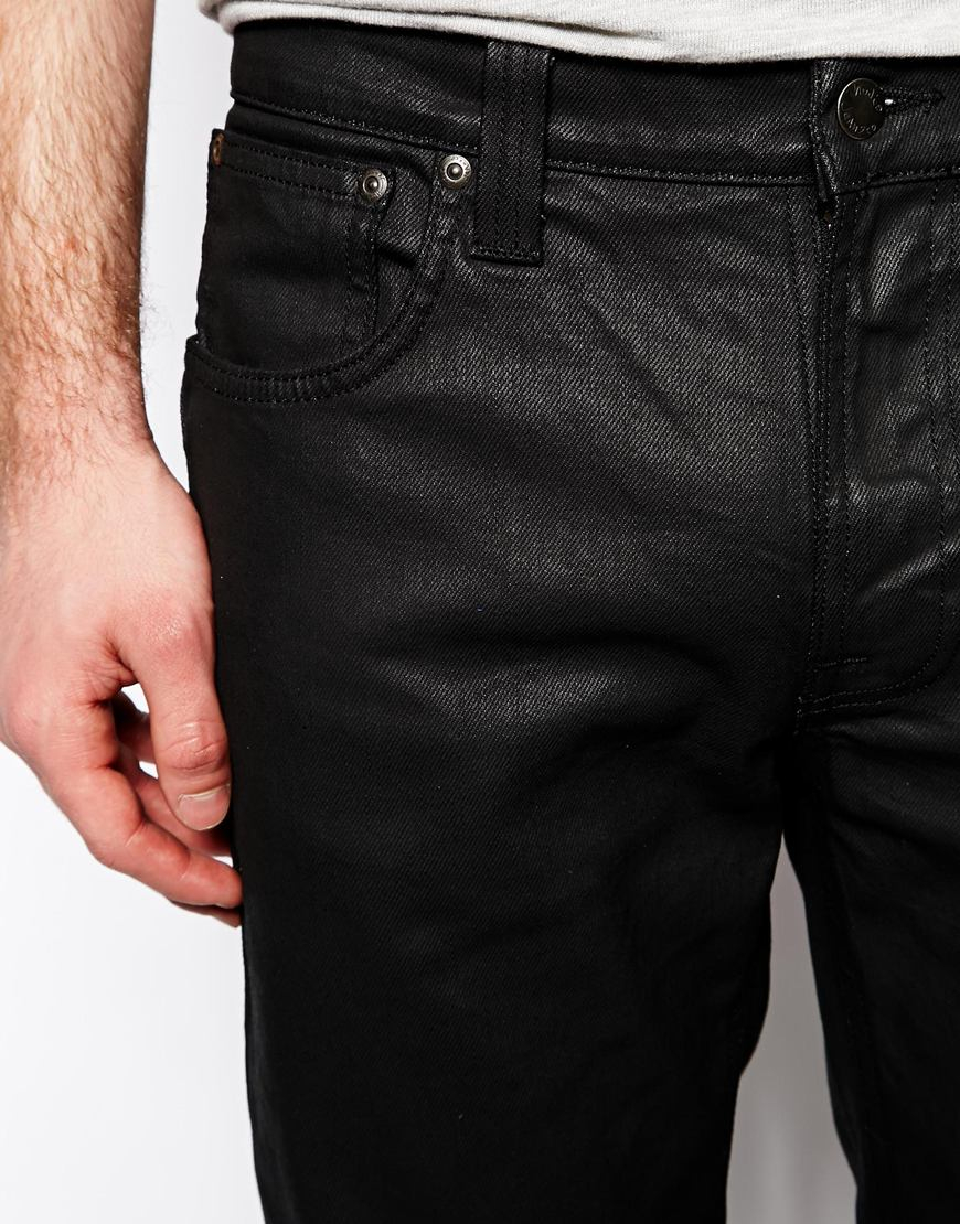 Nudie Mens Slim Fit Raw Denim Stretch JeansThin Finn Organic Dry Black Coated