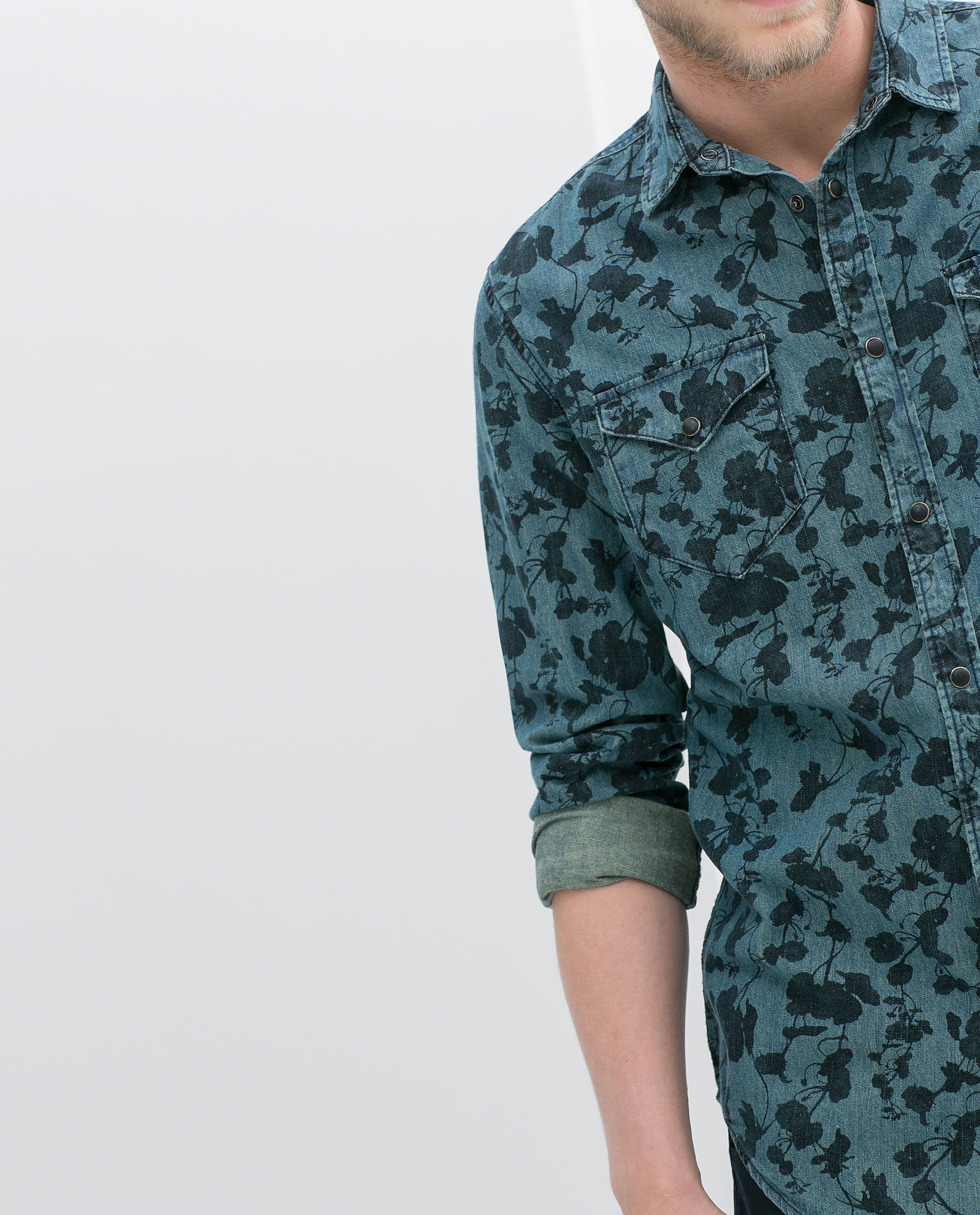 Zara Floral Print Denim Shirt in Green for Men Lyst