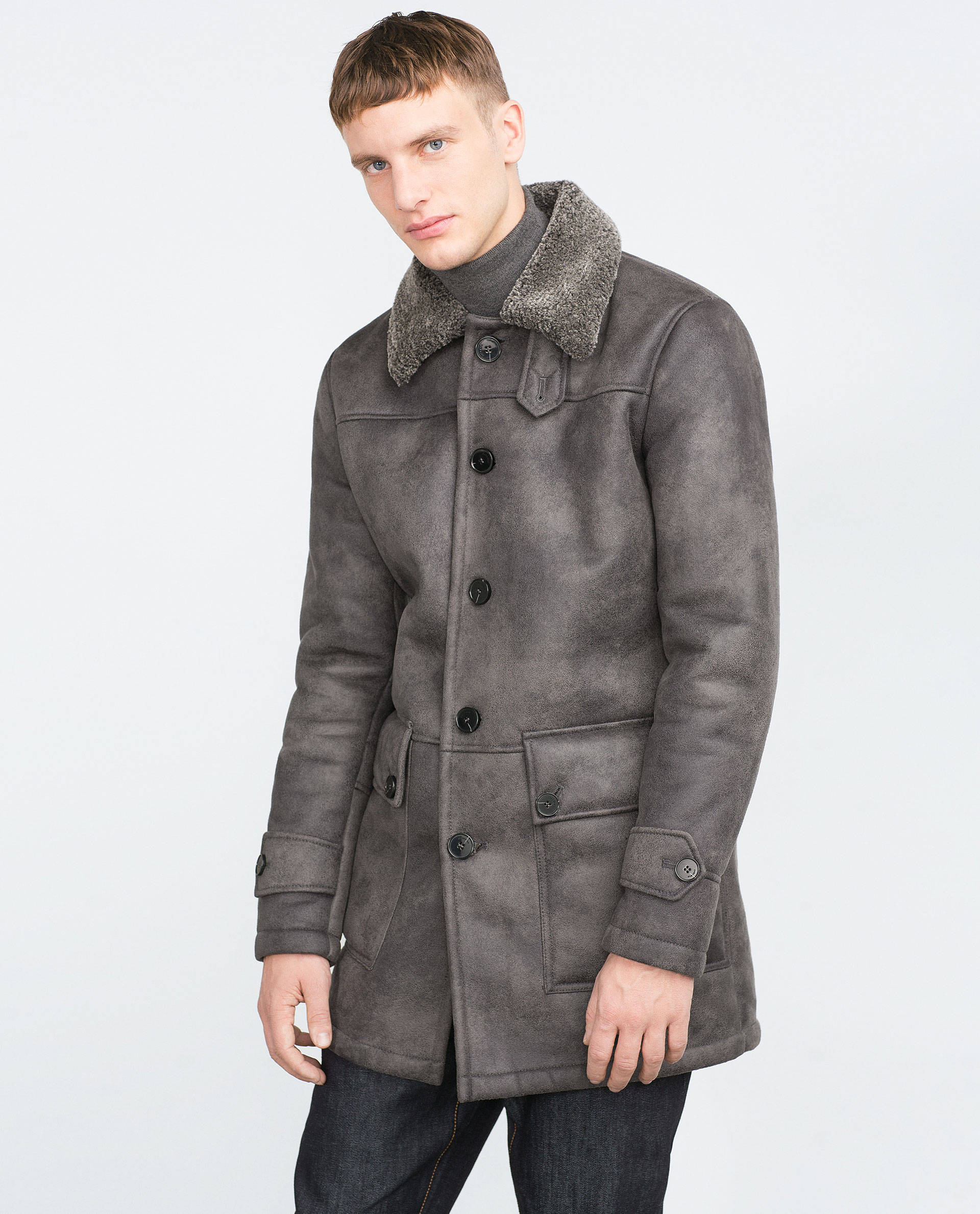 Grey warm faux imitation mink rabbit fur coat mens leather