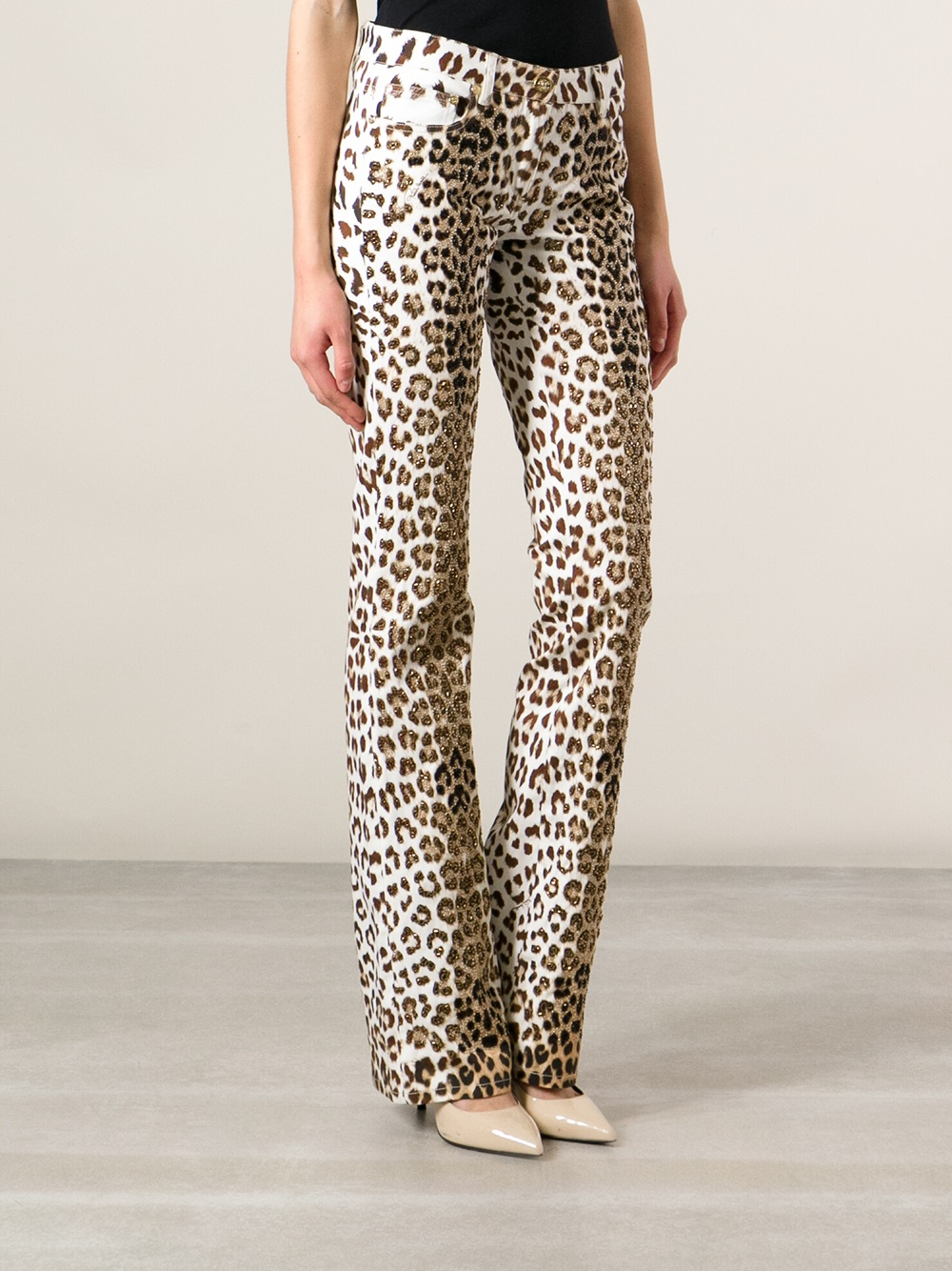 Roberto Cavalli Leopard Print Bootcut Jeans in White | Lyst
