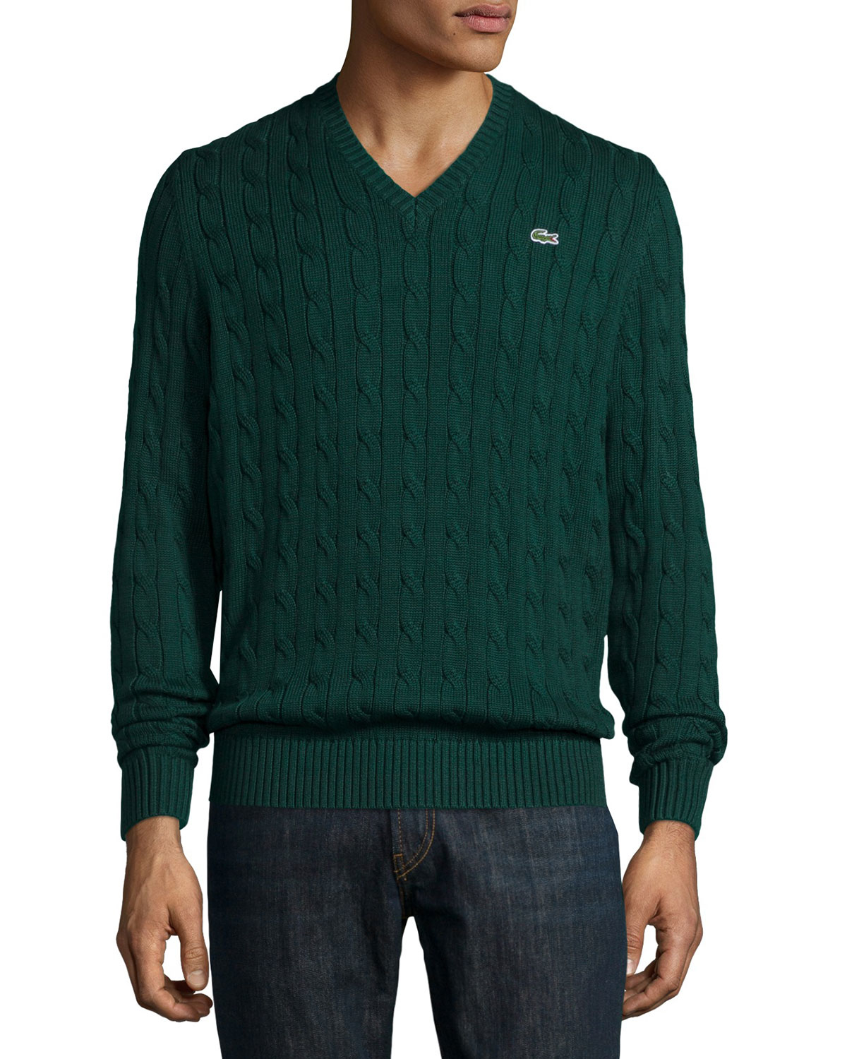 Lyst - Lacoste Cable-knit Cotton V-neck Sweater in Green for Men