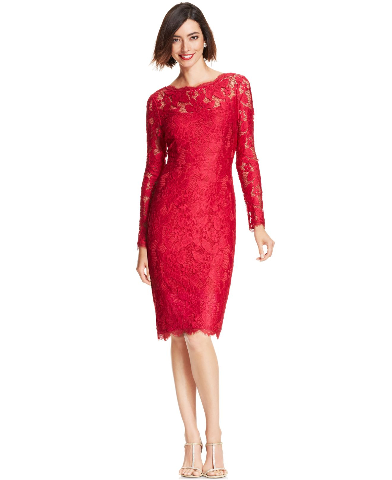 Long sleeve red lace sheath dress shirt