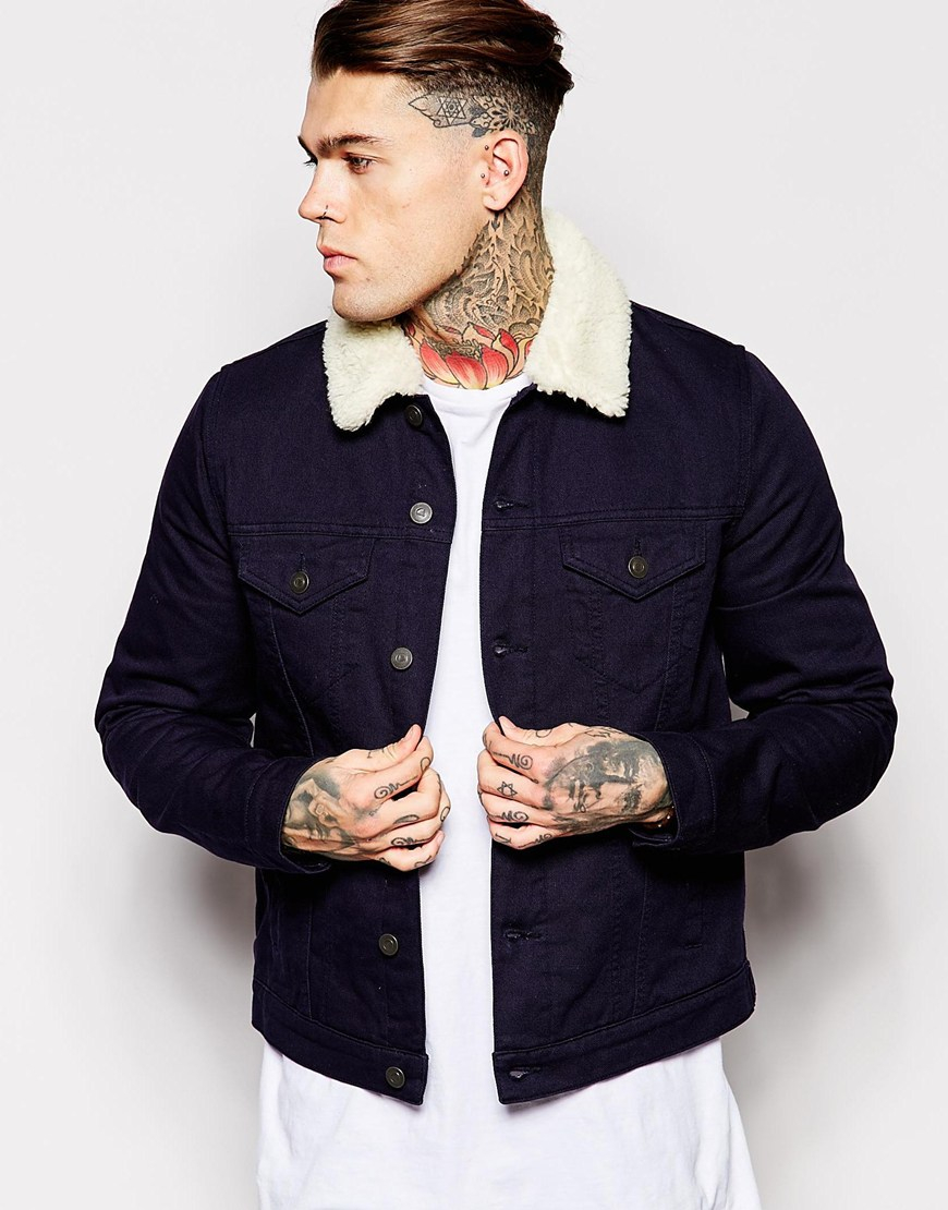 Lyst - Asos Denim Jacket With Borg Collar In Navy in Blue for Men