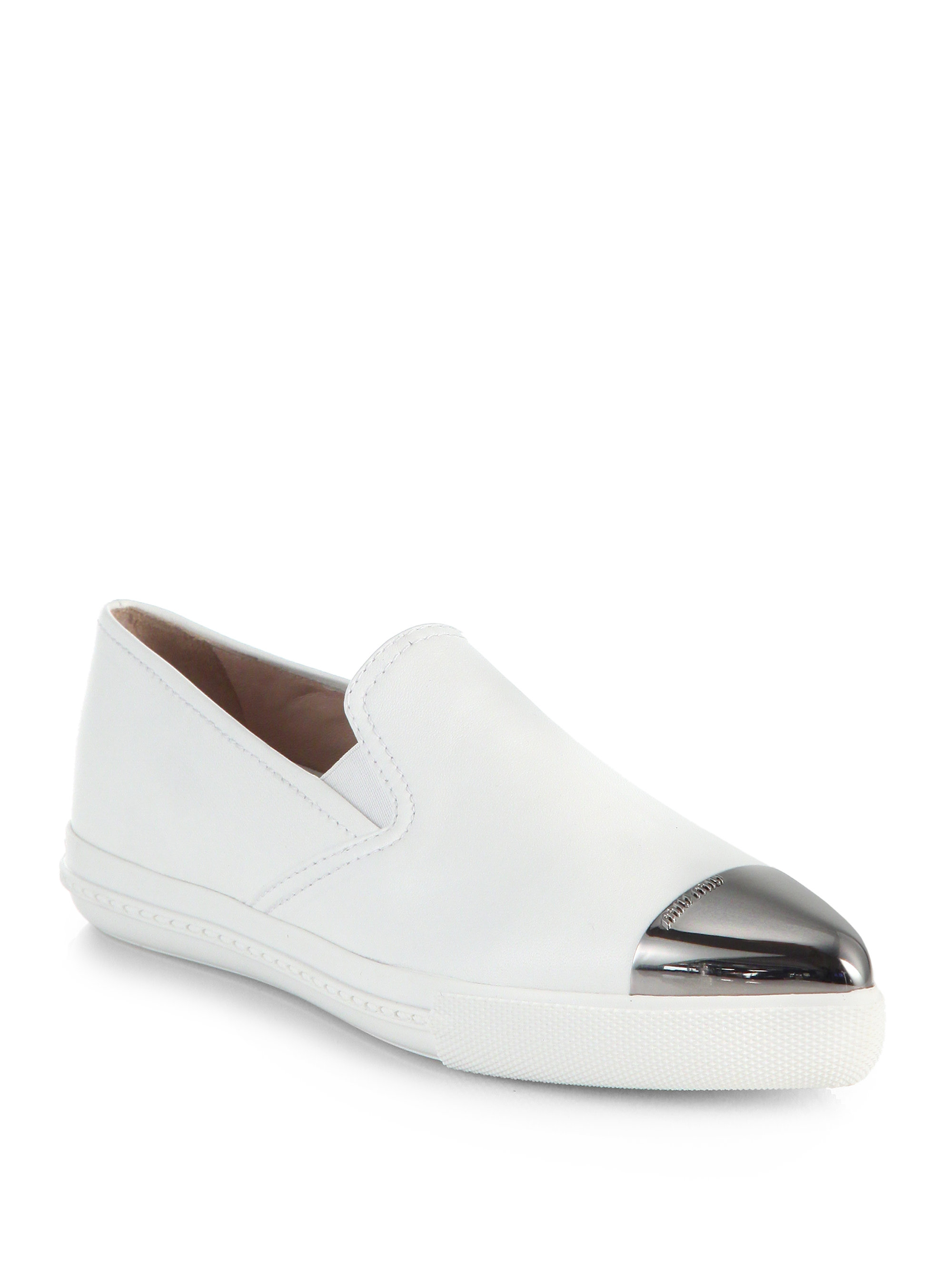 Miu Miu Leather Cap-Toe Skate Shoes in White | Lyst