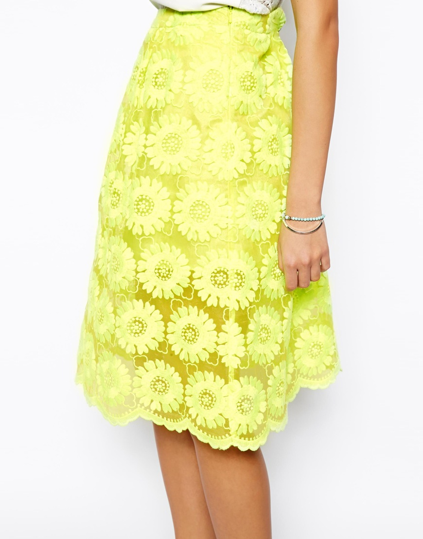 Lyst - Asos Midi Skirt In Floral Lace in Yellow
