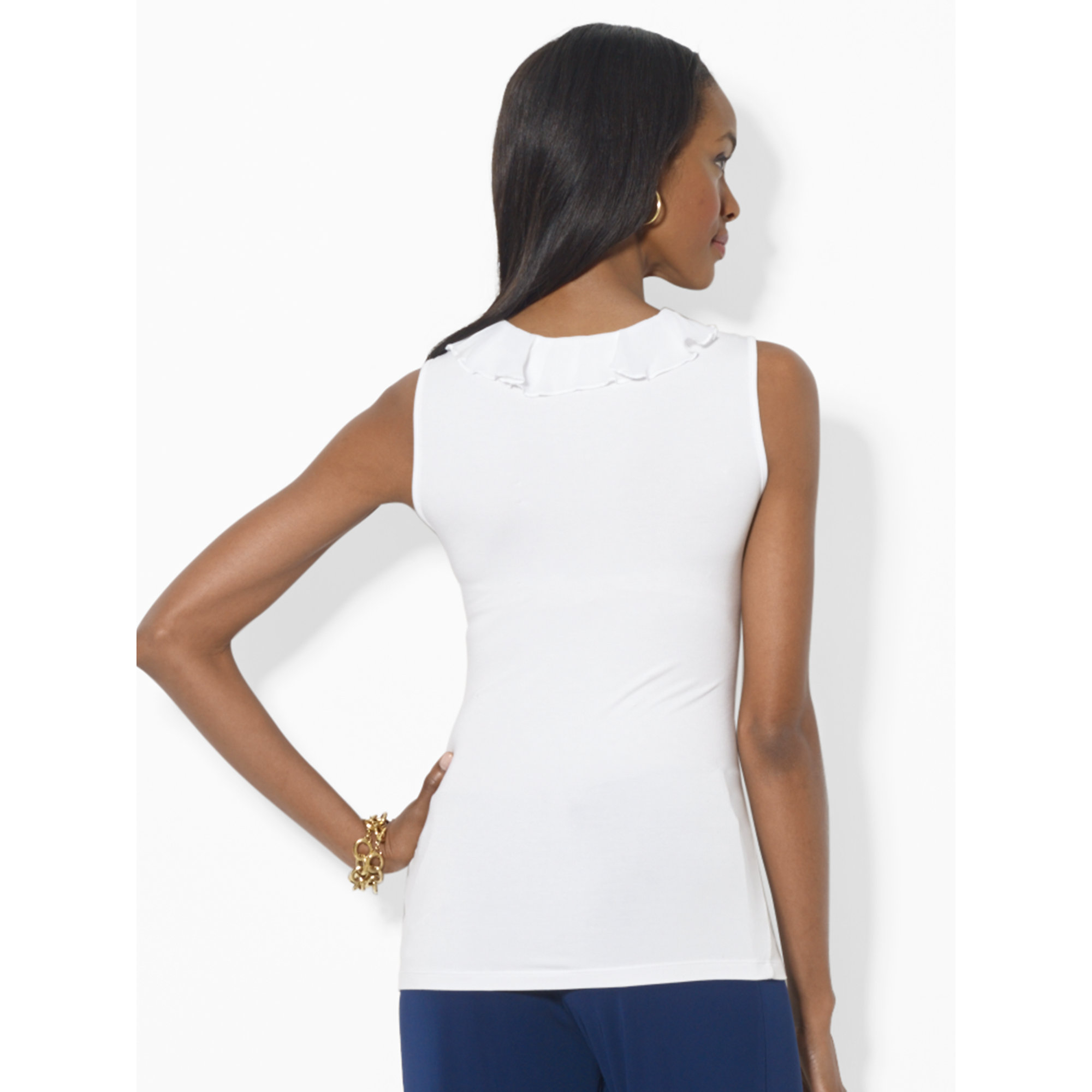 Lauren by Ralph Lauren Ruffled Sleeveless V-Neck Top in White | Lyst