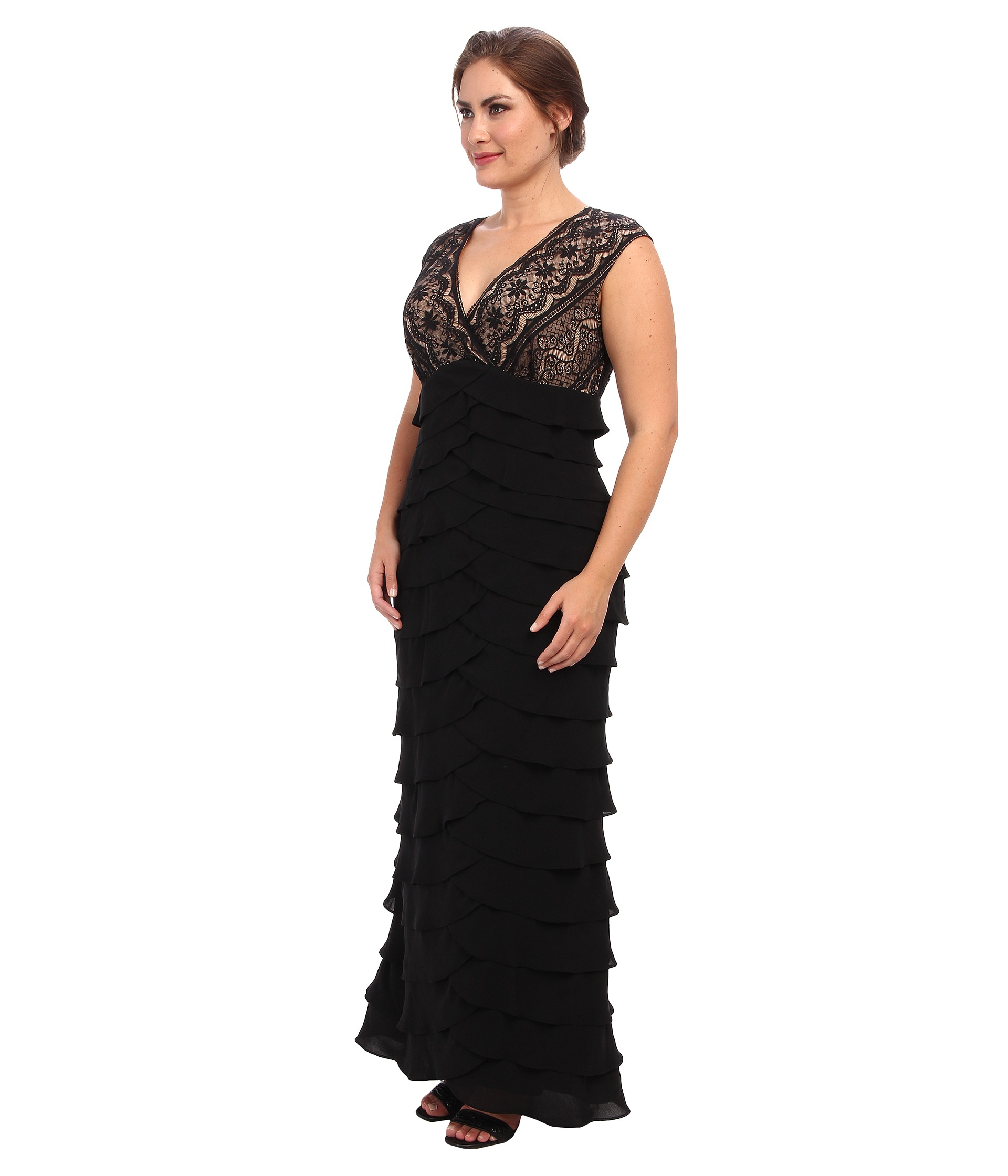Adrianna Papell Plus Size Lace Bodice Shutter Bottom Gown in Black - Lyst
