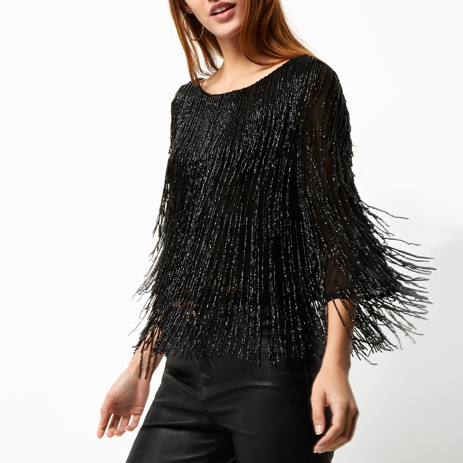 River island Black Bead Embellished Crop Top Black Bead Embellished ...