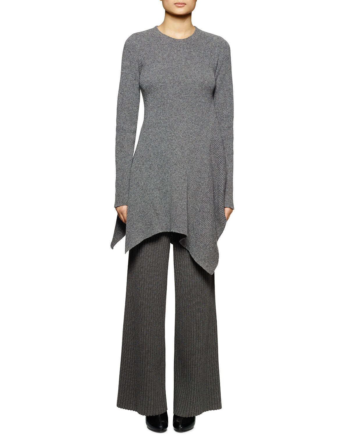 grey ribbed wide leg trousers