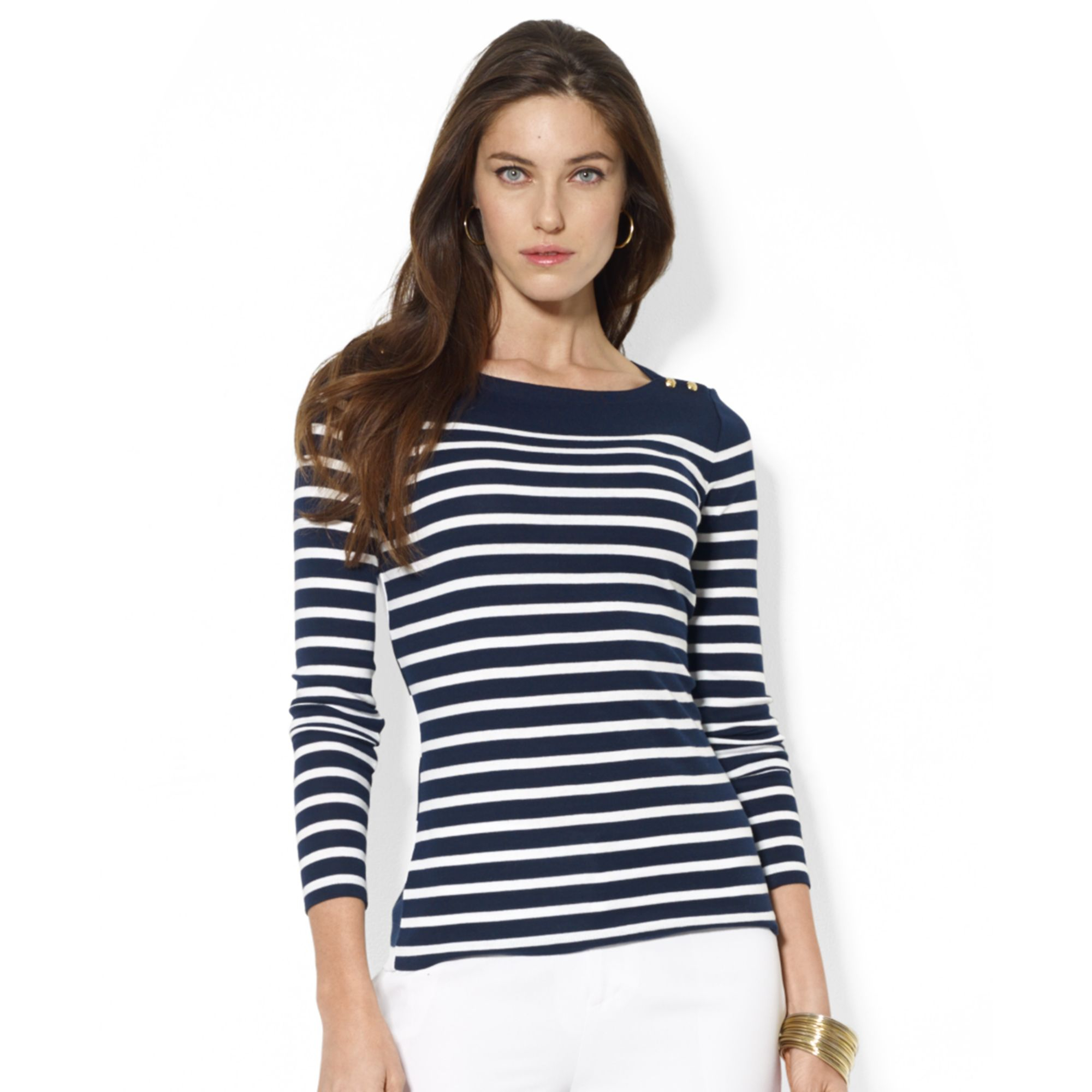 Lauren by Ralph Lauren Longsleeve Striped Boatneck Top in Blue | Lyst