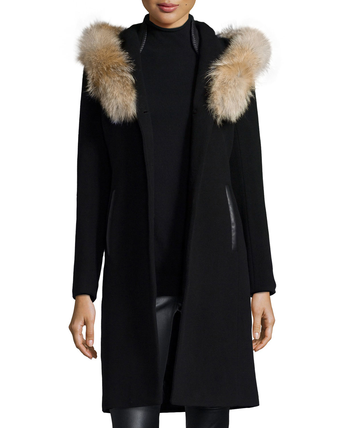 Lyst - Mackage Fur-trim Hooded Wool-blend Coat W/ Leather Detail in Black