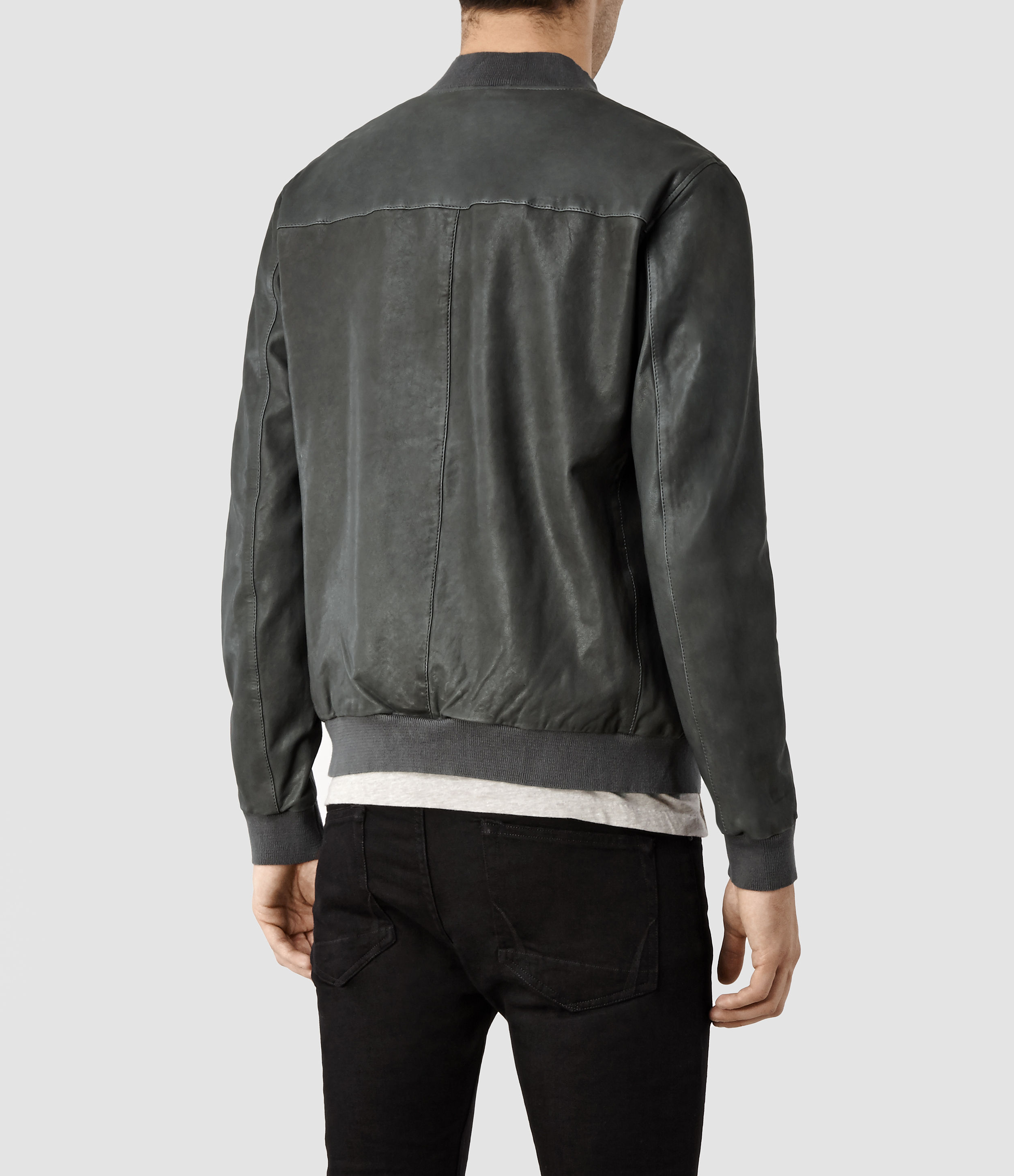 AllSaints Blythe Leather Bomber Jacket in Gray for Men Lyst