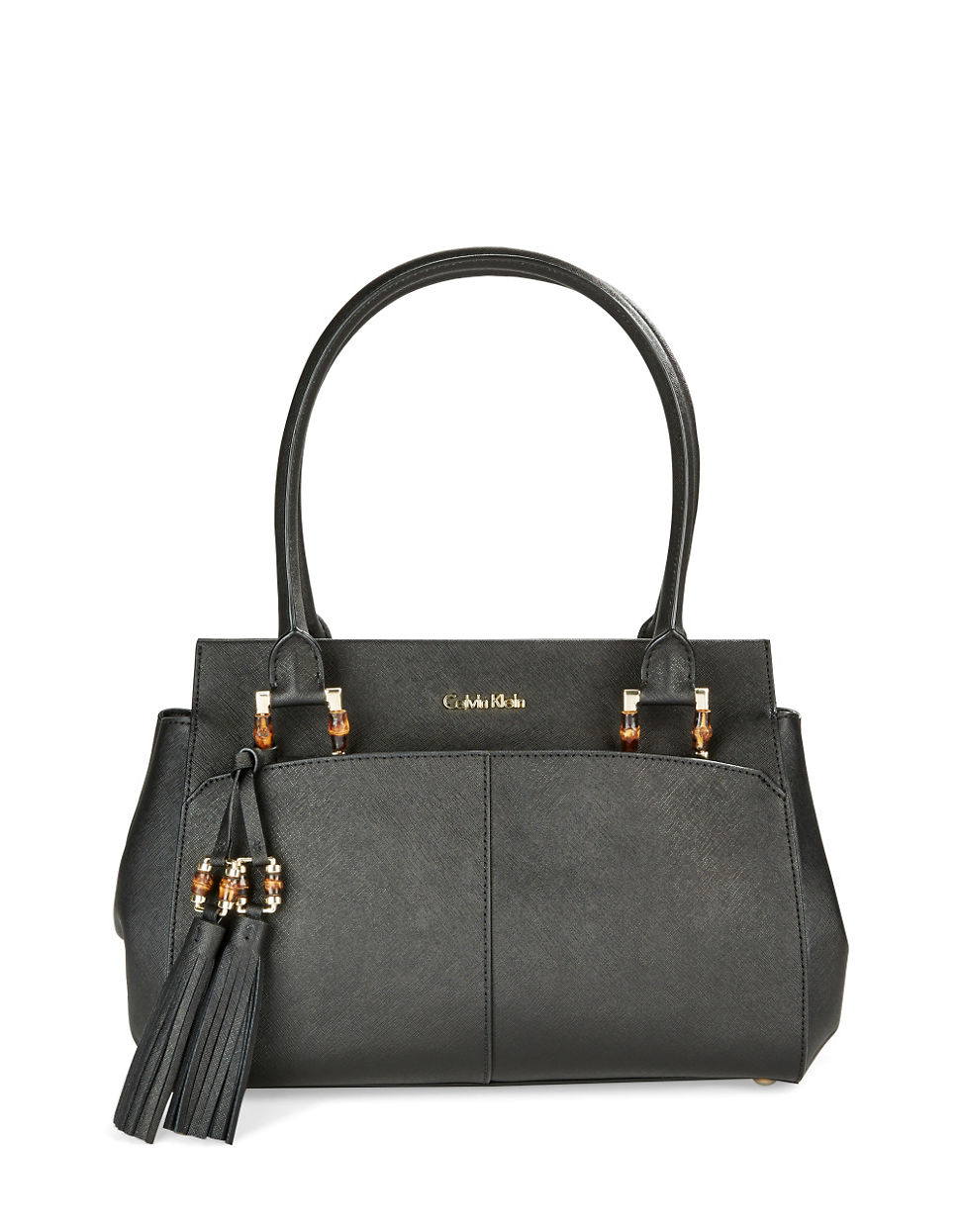 Calvin klein Saffiano Leather Satchel Bag in Black (Black/Gold) Lyst