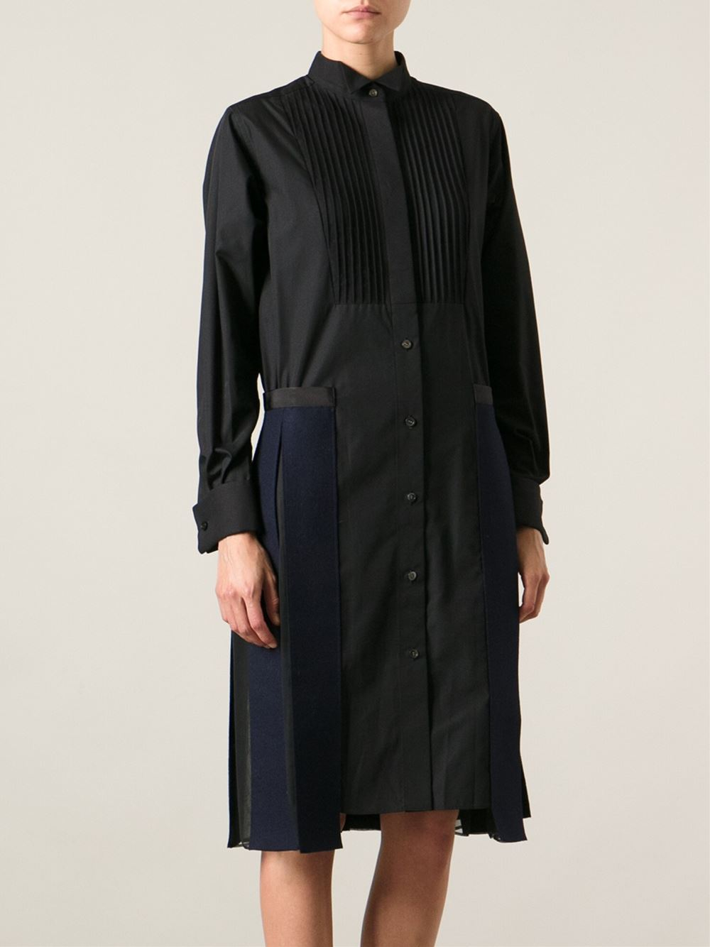 black pleated shirt dress