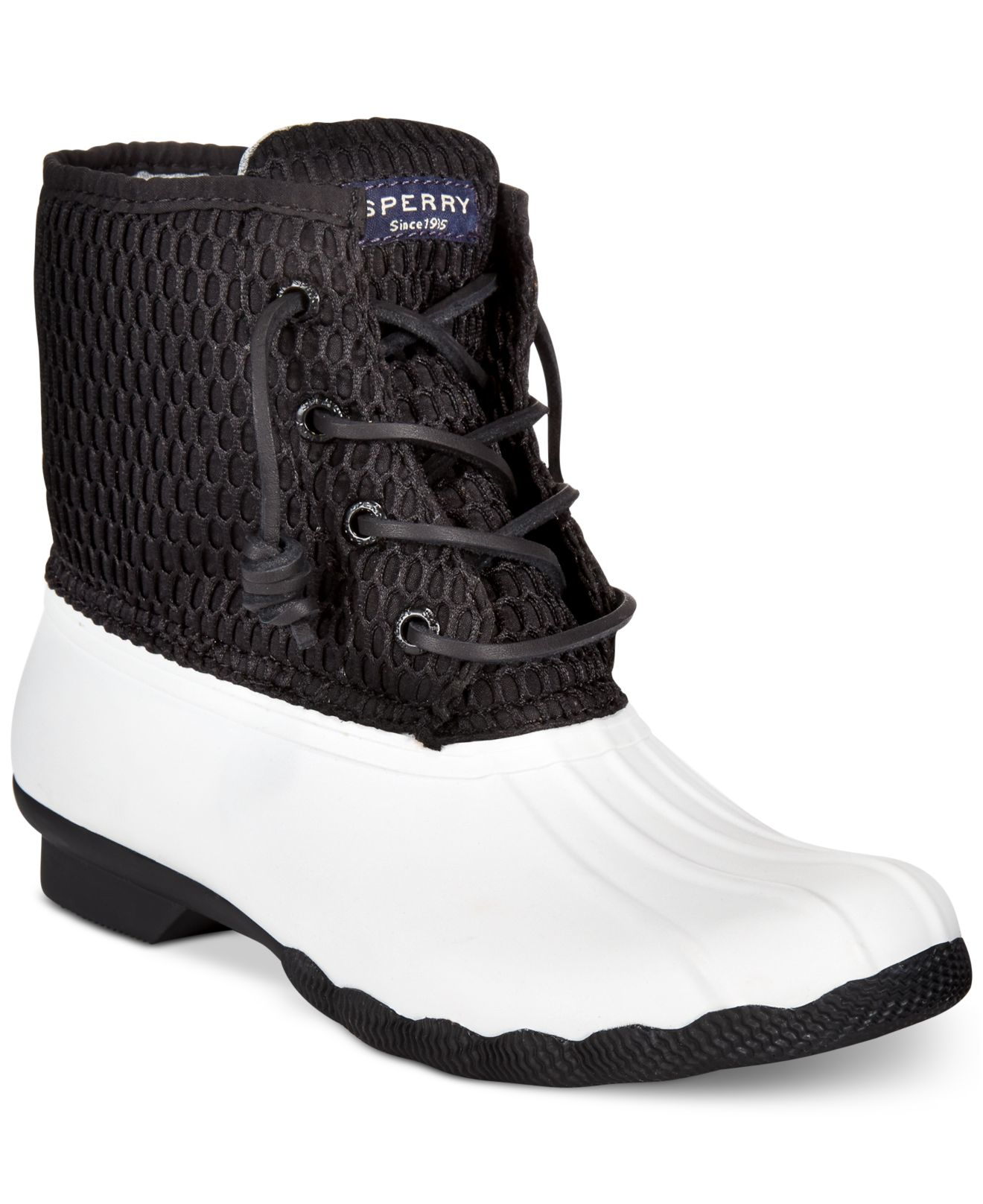 black and white sperry duck boots