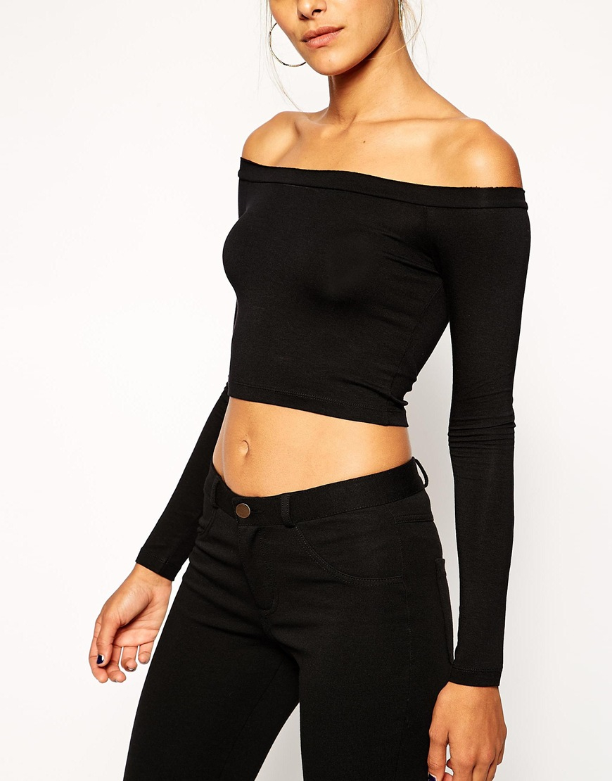 ASOS Crop Top With Long Sleeves And Bardot Off Shoulder in Black | Lyst