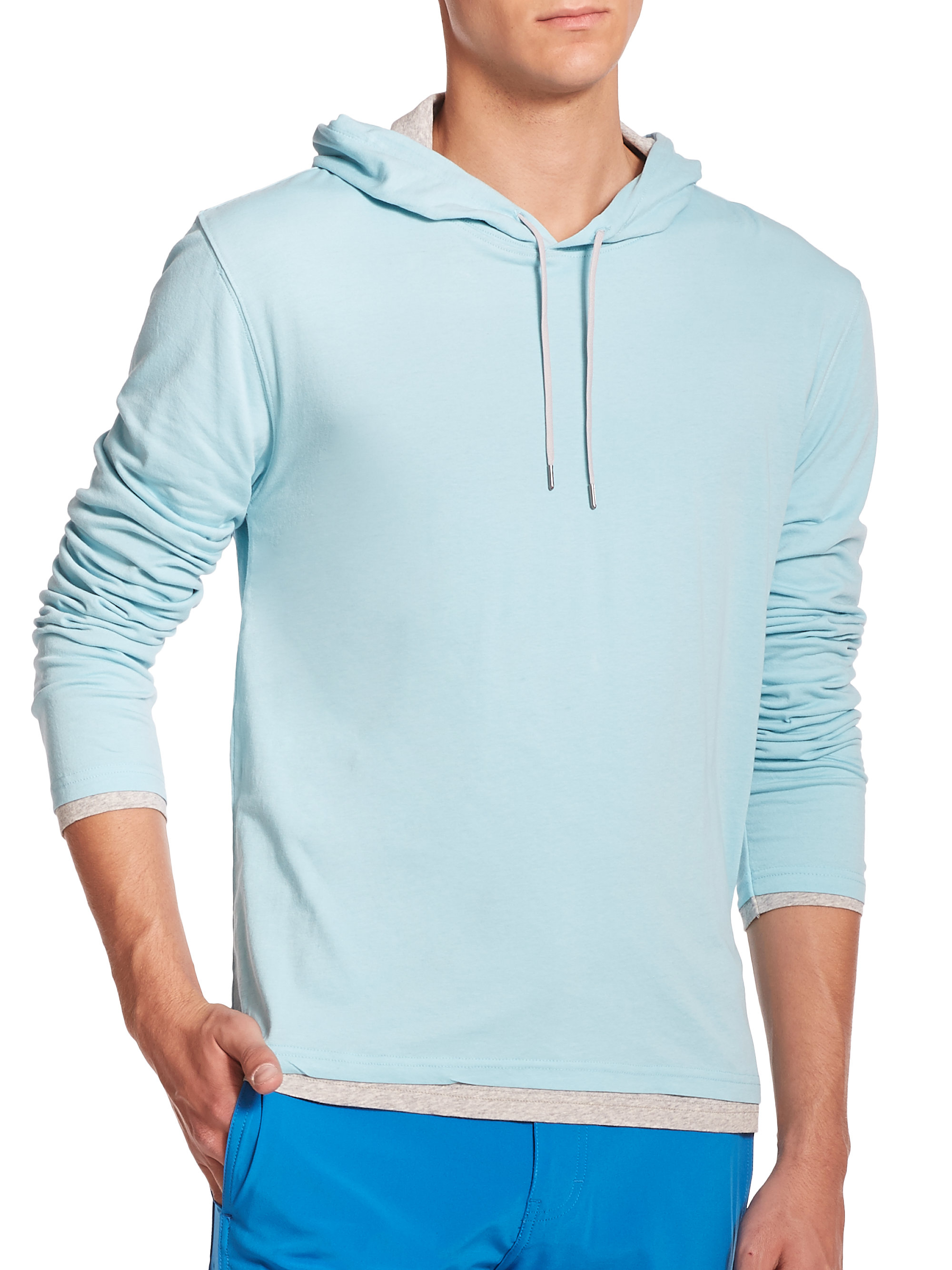 light blue hoodie and sweatpants